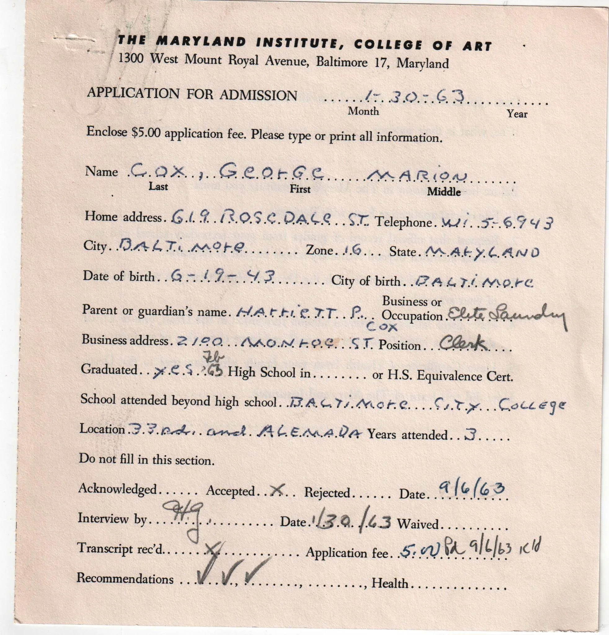 Document: George M. Cox II Application for Admission, 1963