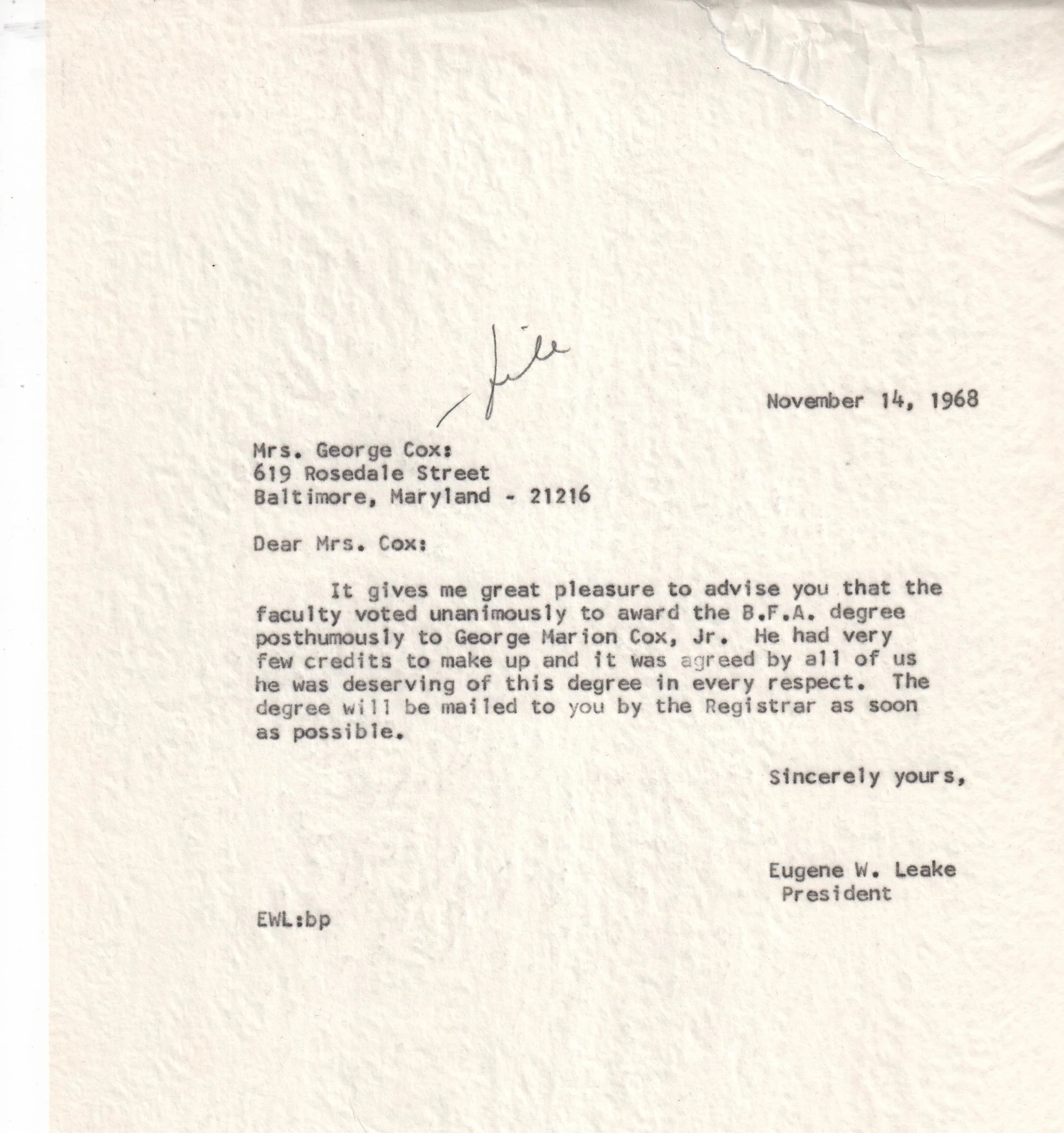 Document: Award of Posthumous B.F.A. Degree to George M. Cox II, 1968