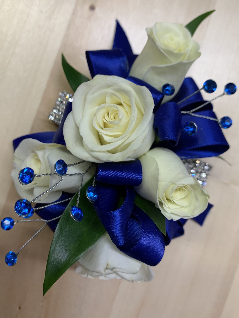 wrist corsage/ Prom/ wedding/royal blue and gold/ royal blue wrist corsage 