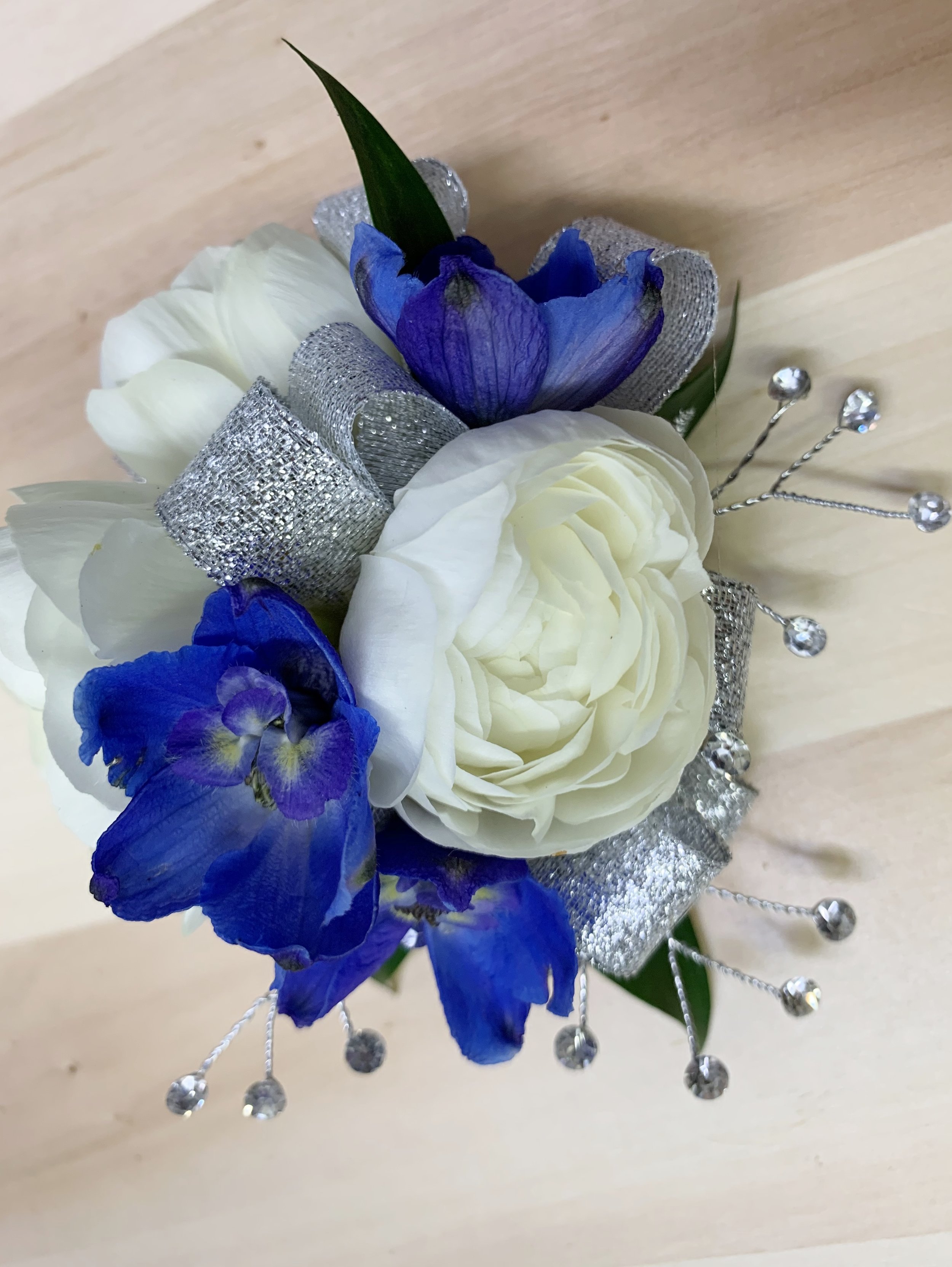 Royal Blue White Rose/silver   Wrist Corsage /Boutonniere wedding flowers 