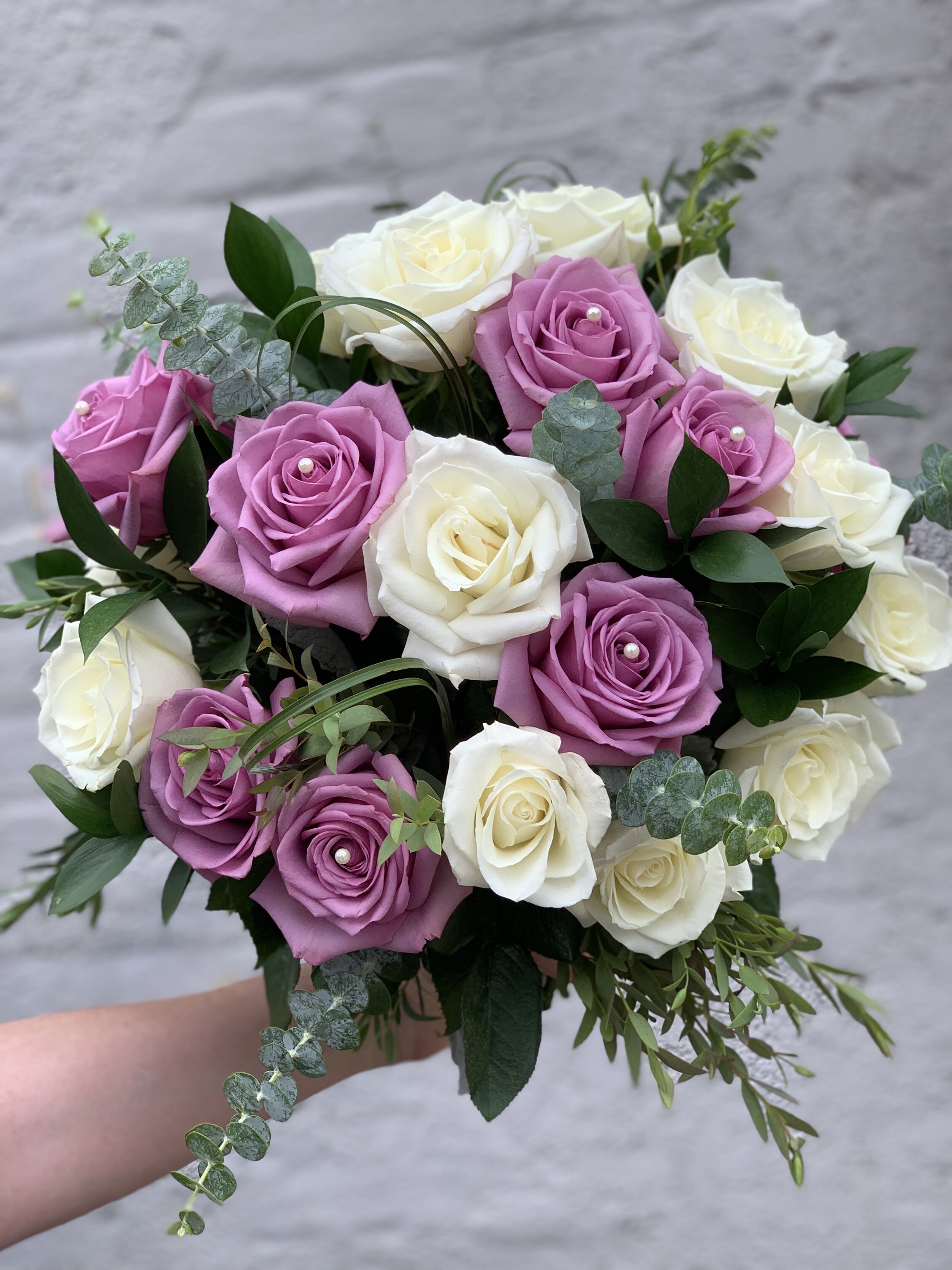 Lavender and White Roses in Handtied Bouquet.jpg