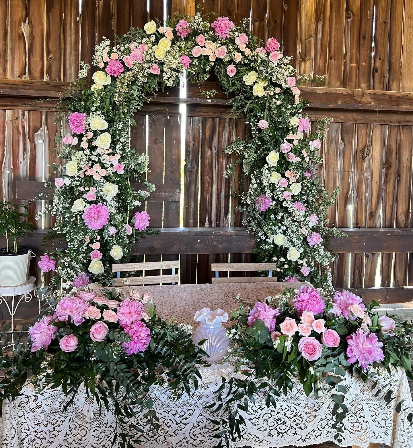 Sweetheart Table with Pink Peony Florals at Alden Orchards in Lowell, Michigan