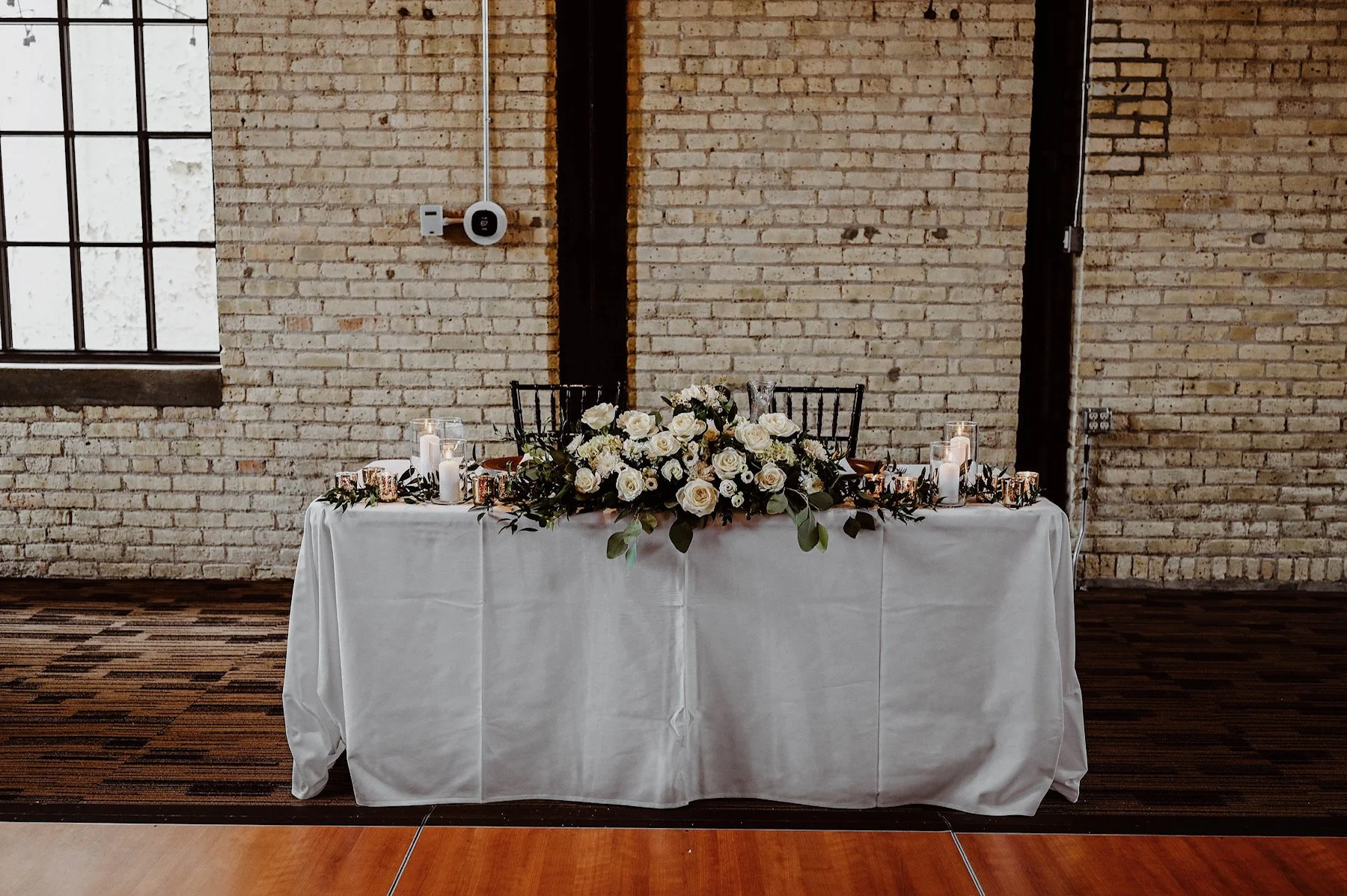 White Rose Flowers for Sweetheart Table at New Vintage Place in Grand Rapids, Michigan