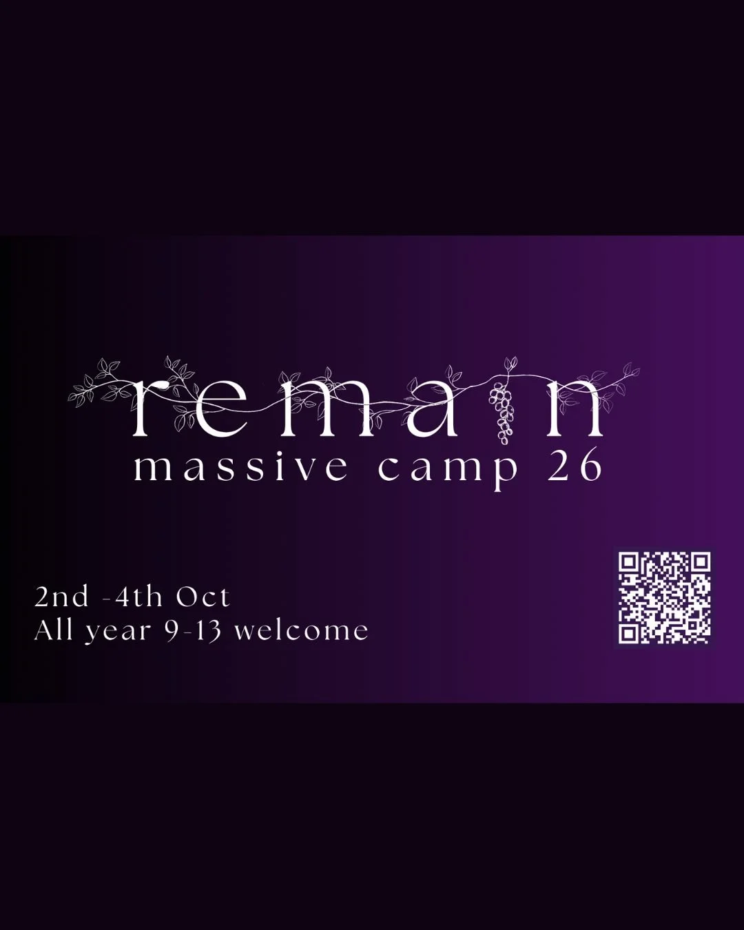 We are SO excited to be back for another year of Massive Camp. From the 2nd to the 4th of October, the Youth are on for an unforgettable weekend.

Our theme for the weekend is "Remain" (John 15), where we'll be exploring what it looks like 