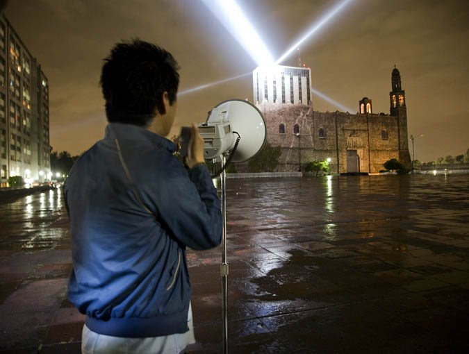 Lozano-Hemmer, Rafael. Voz Alta . 2008. Sound installation; megaphone, 15,000w anti-aircraft lights, computer, custom software, variable. Bitform Galleries NYC.