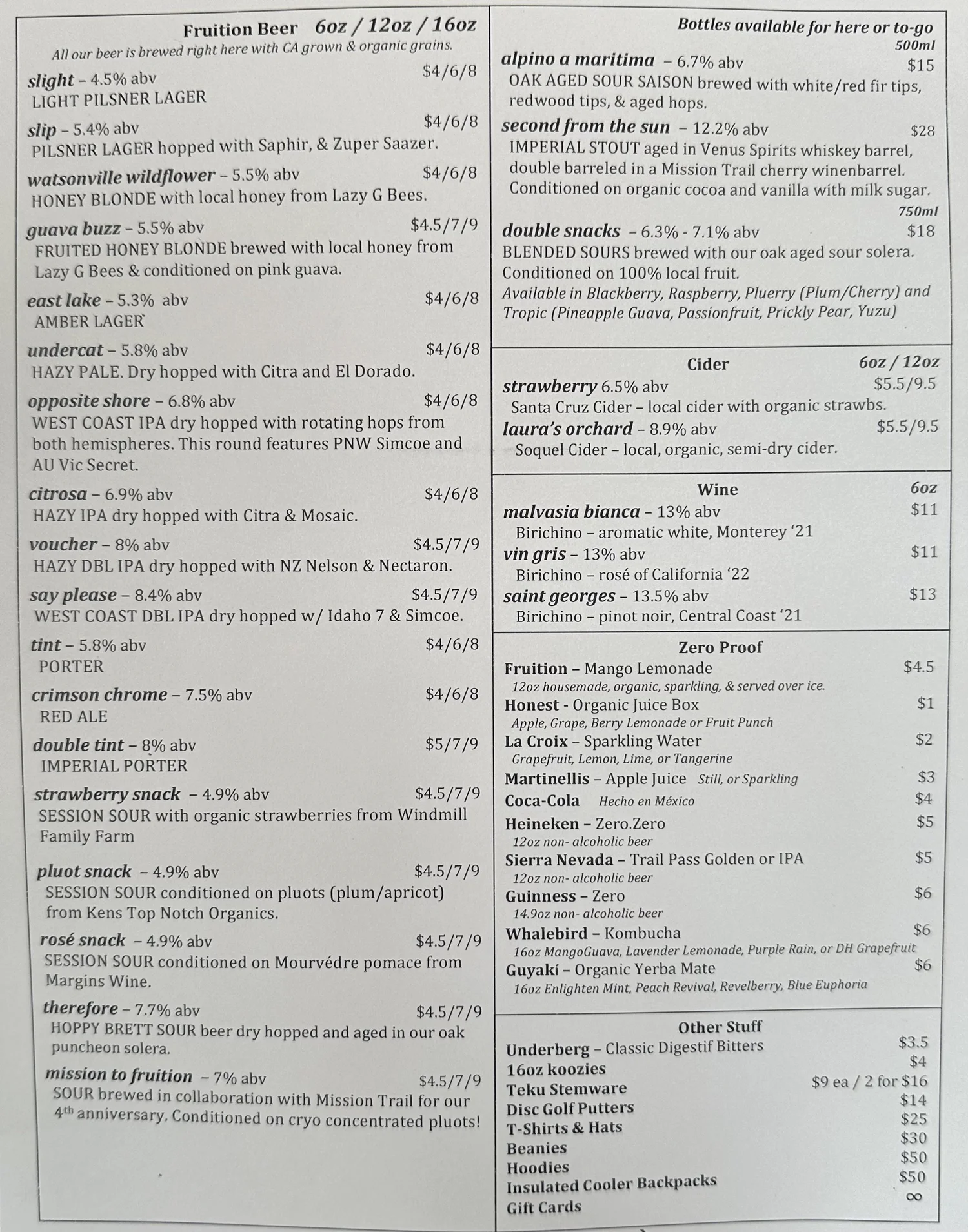Menu — Fruition Brewing