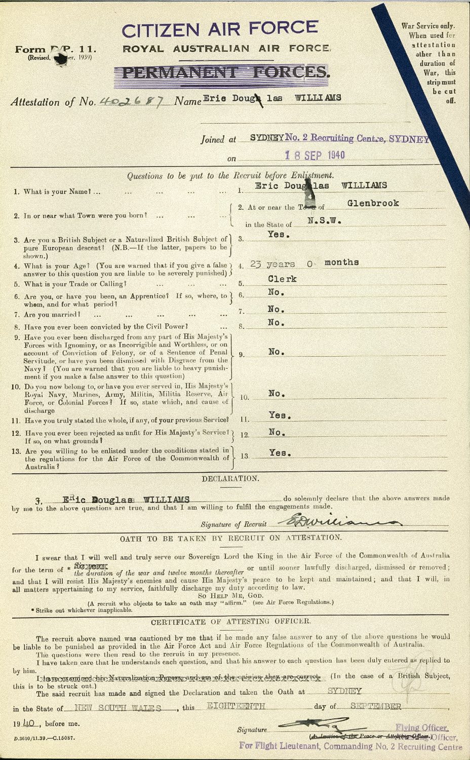 Royal Australian Air Force attestation form of Eric Douglas Williams, 1940