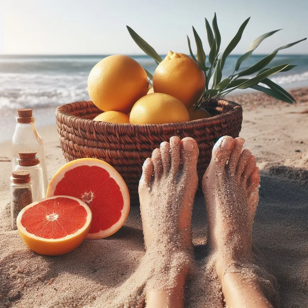 Sand drying on skin, warmed by the sun