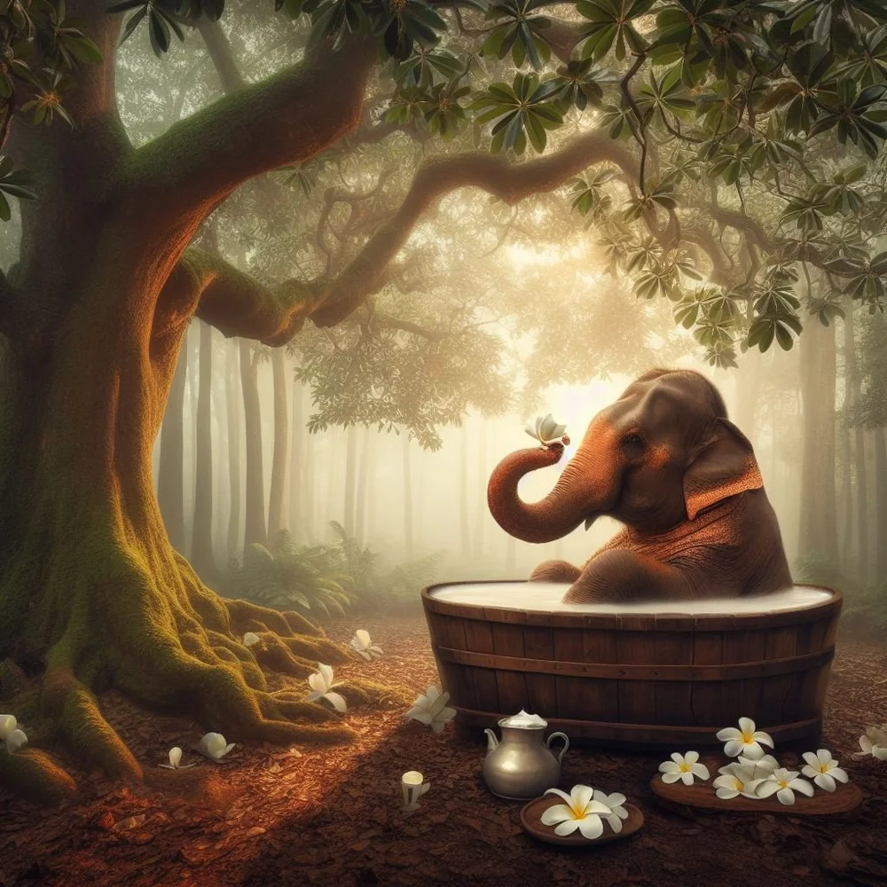 Milk bath amid trampled leaves