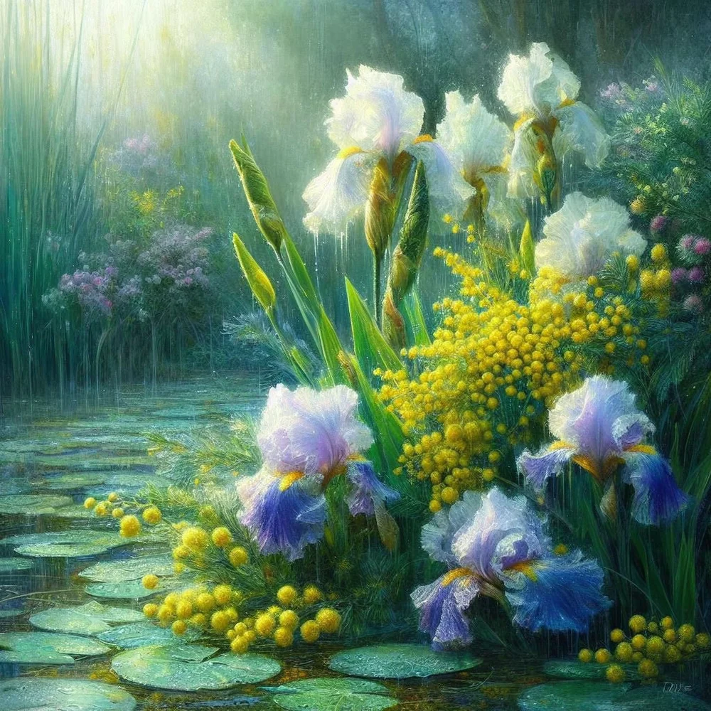 Irises and heliotrope after the rain