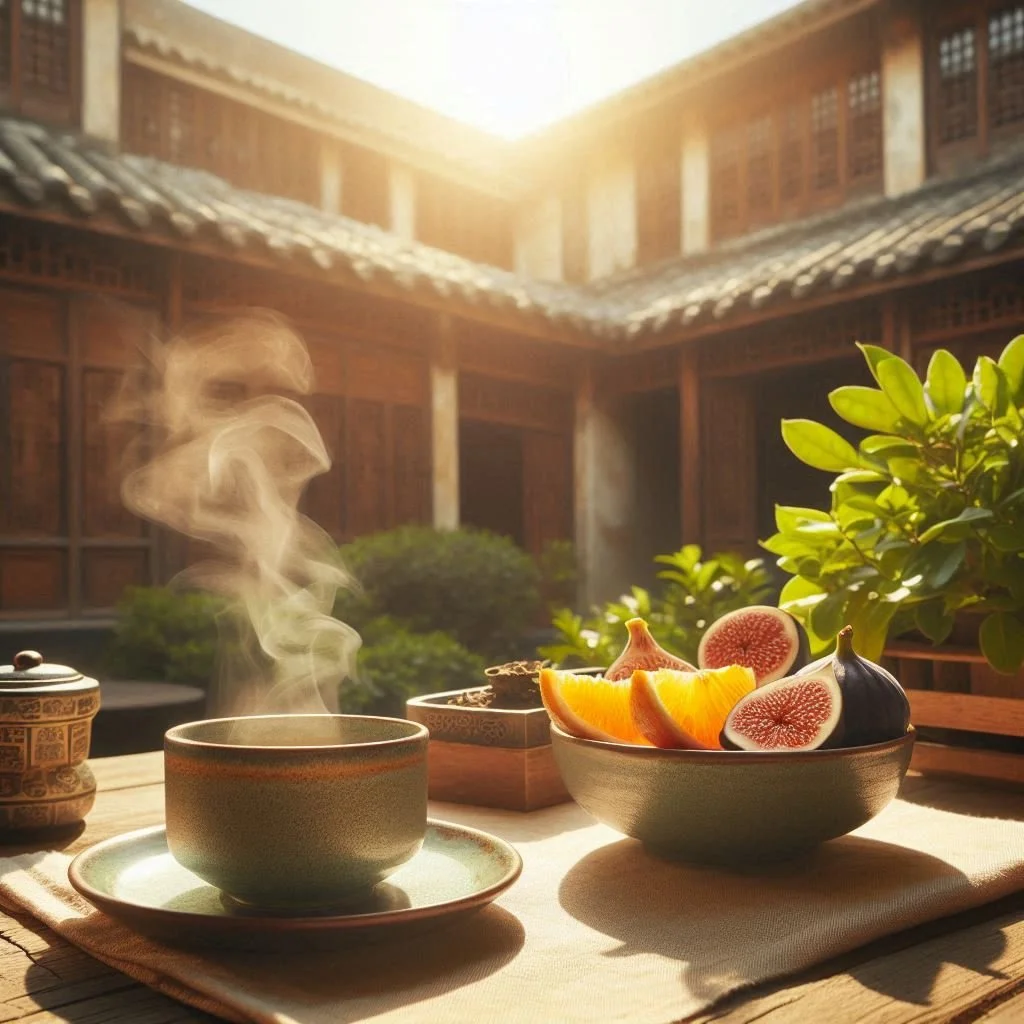 Still life of citrus fruit and tea