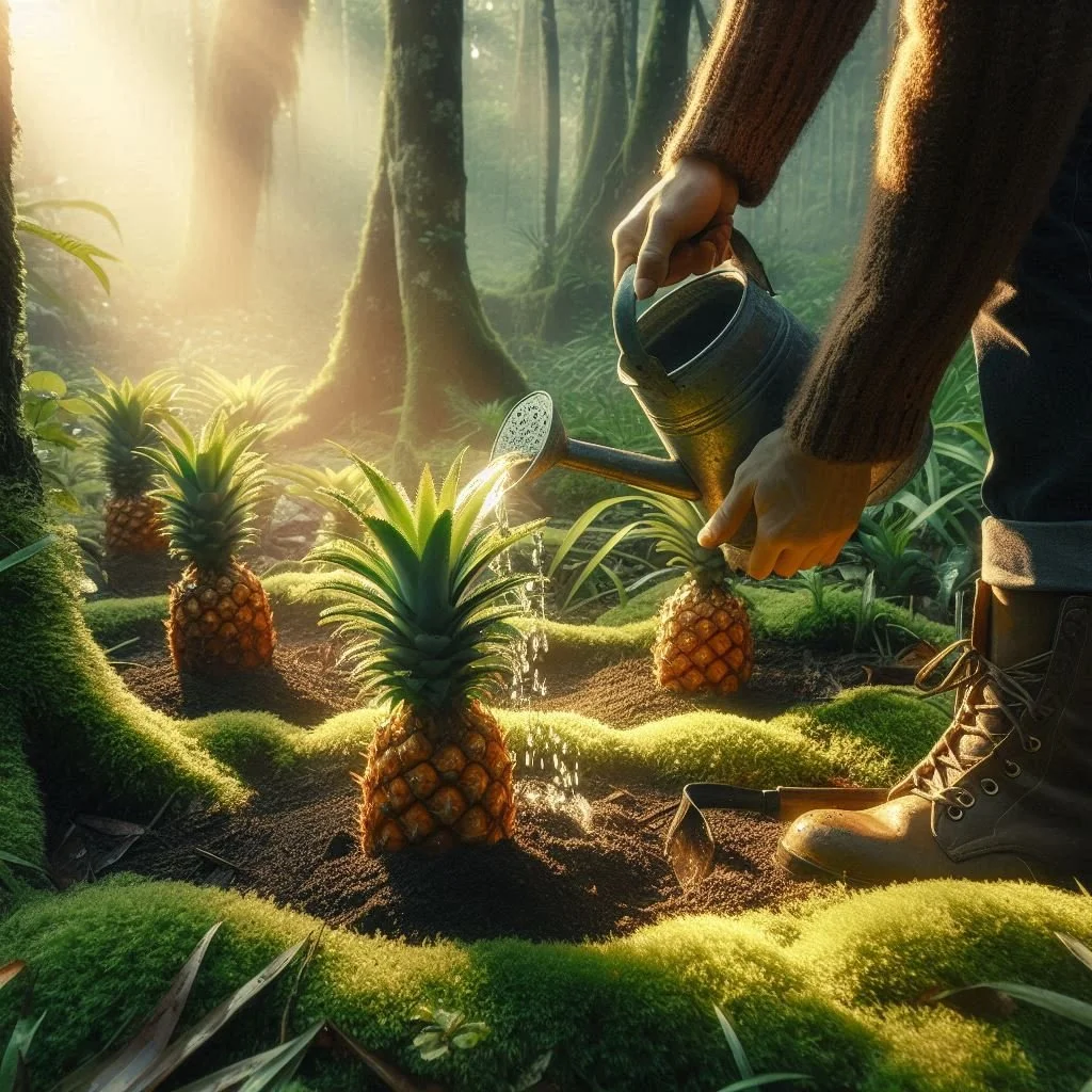 Pineapple juice spiked poured over a moss-lined forest