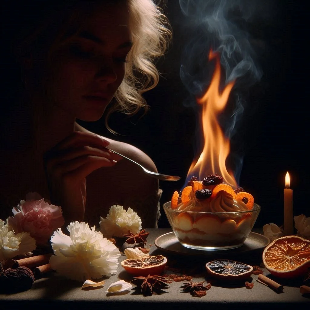Flambé of mandarin and macerated raisins