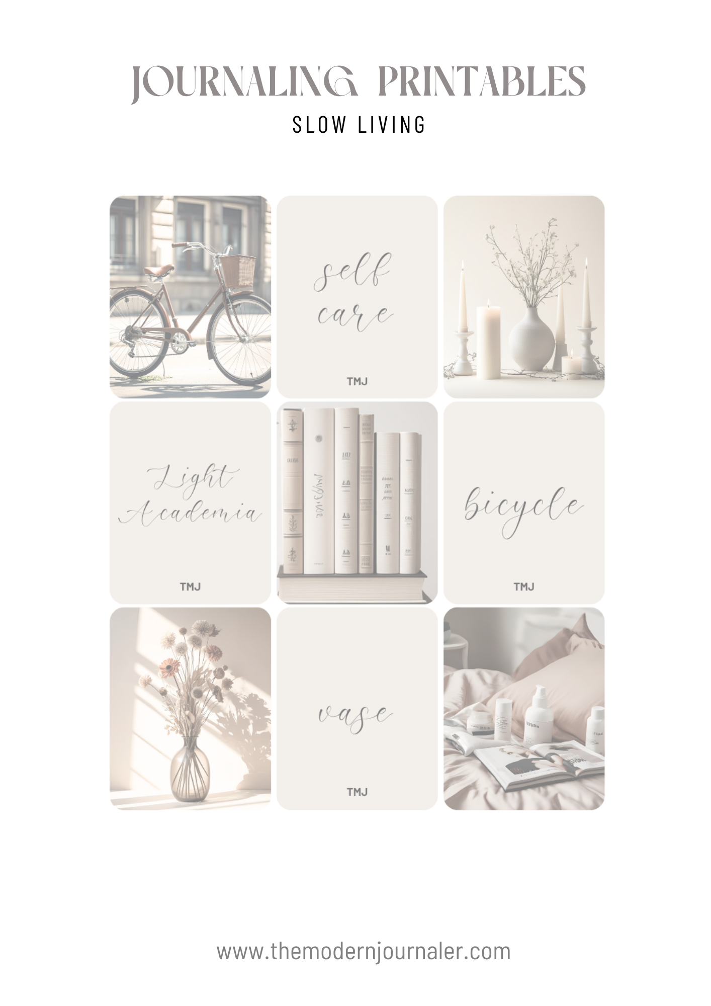 A digital collage featuring nine images centered around self-care and slow living, with titles written in elegant script and a website URL at the bottom.