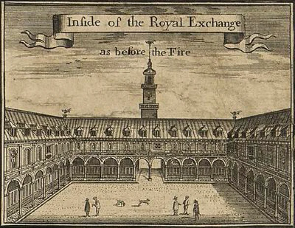 The shops at the Royal Exchange in London, c. 1666