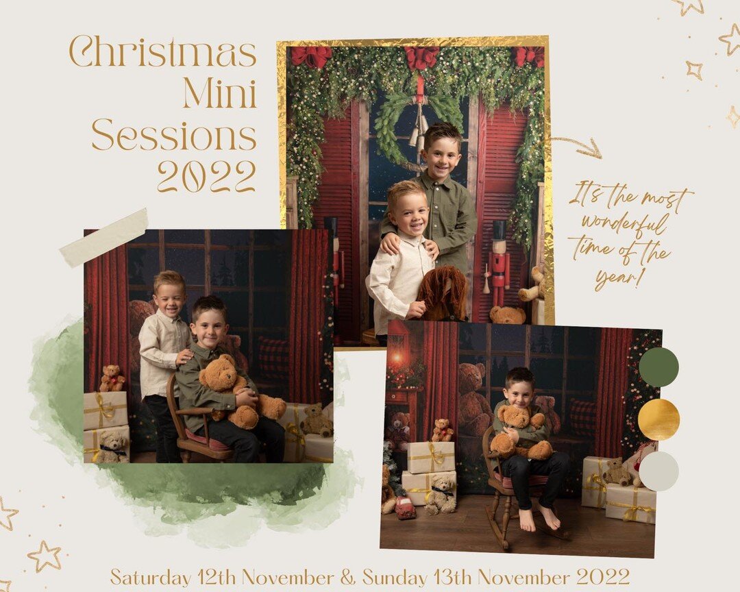 🎅🏻Christmas mini sessions 2022🧑🏻&zwj;🎄

NOW ON SALE🎄🎄🎄

When?
🎄 Saturday 12th and Sunday 13th November 2022

⛄️What&rsquo;s included?

&bull; 2 beautiful new backdrops
&bull; 20 minute session
&bull; 5 digital files of your choice 
&bull; op