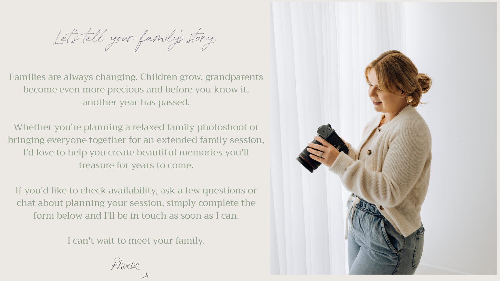 Phoebe Berridge smiling while preparing her camera for a relaxed family photography session in her Bedfordshire studio.