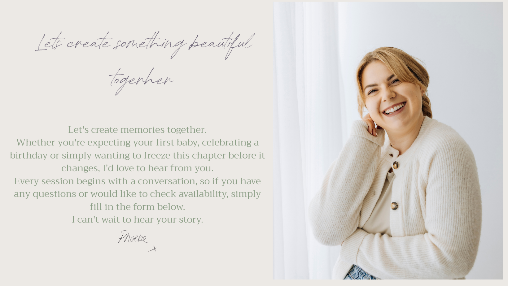 Phoebe Berridge welcoming new clients to enquire about maternity, newborn, baby and family photography sessions in Bedfordshire.