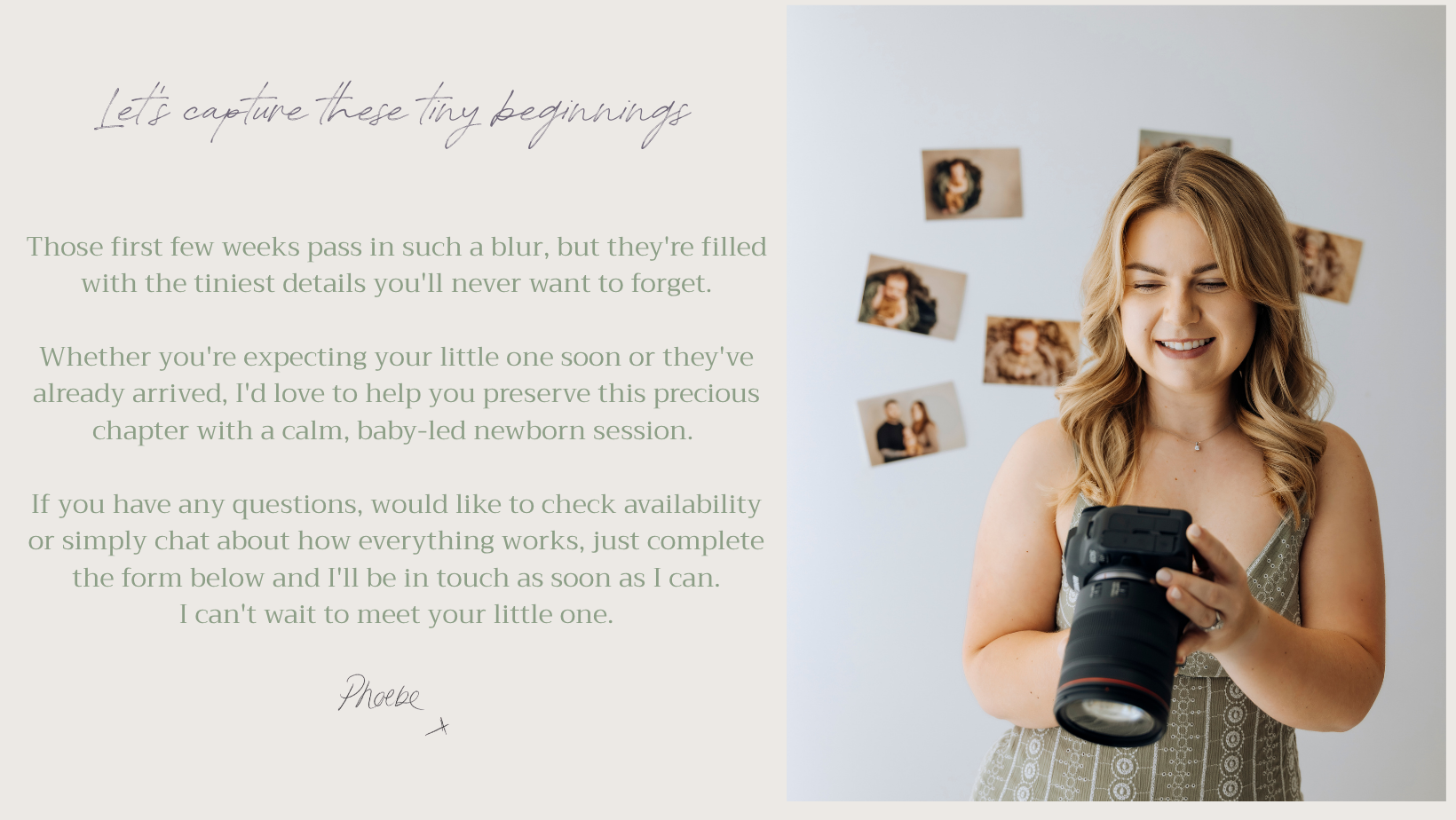 Phoebe Berridge reviewing newborn photographs on the back of her camera in her Bedfordshire photography studio, welcoming families to enquire about newborn photography sessions.