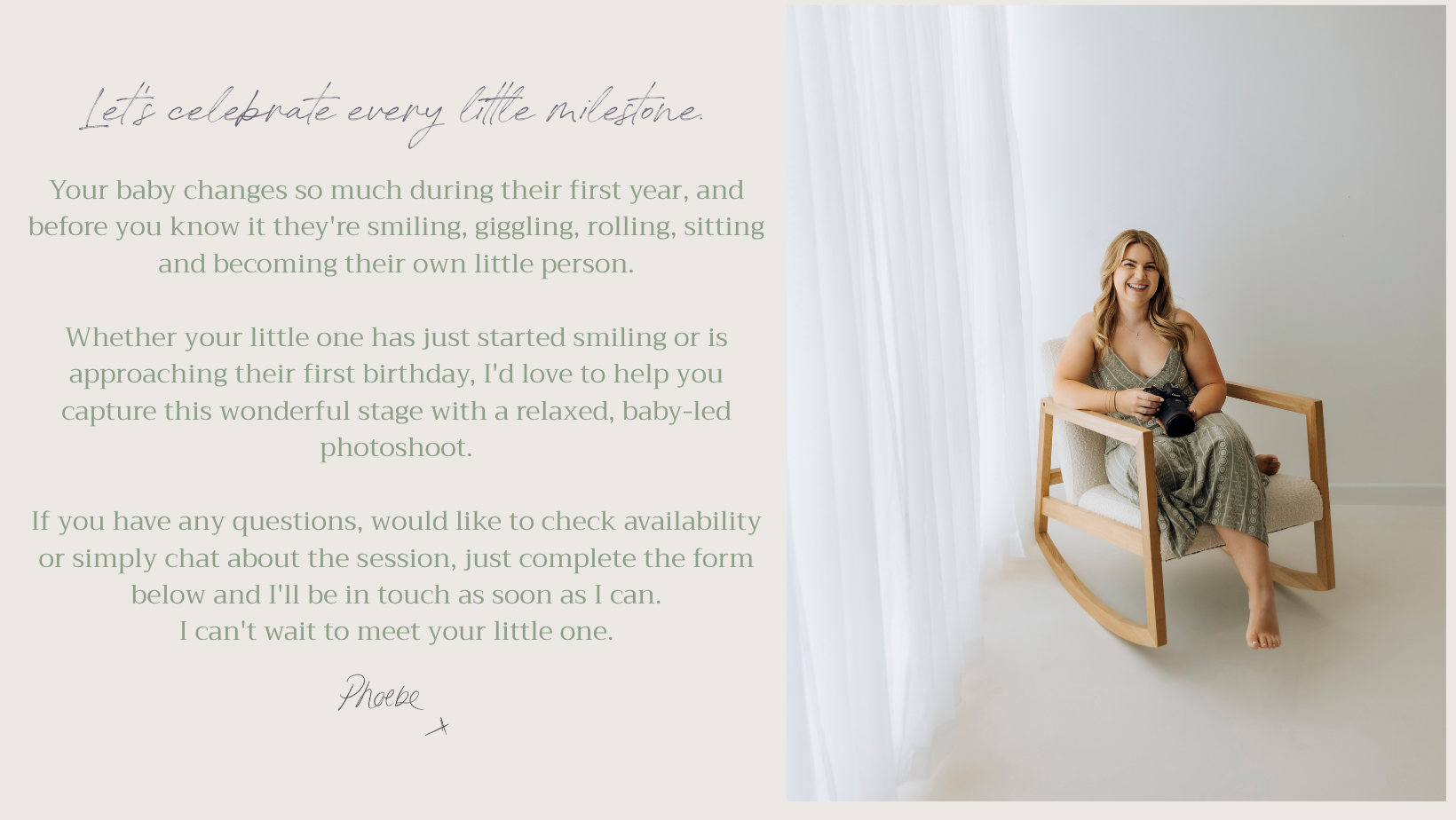 Phoebe Berridge, a Bedfordshire baby photographer, smiling with her camera in her photography studio and welcoming families to enquire about My Baby's First Photoshoot sessions.