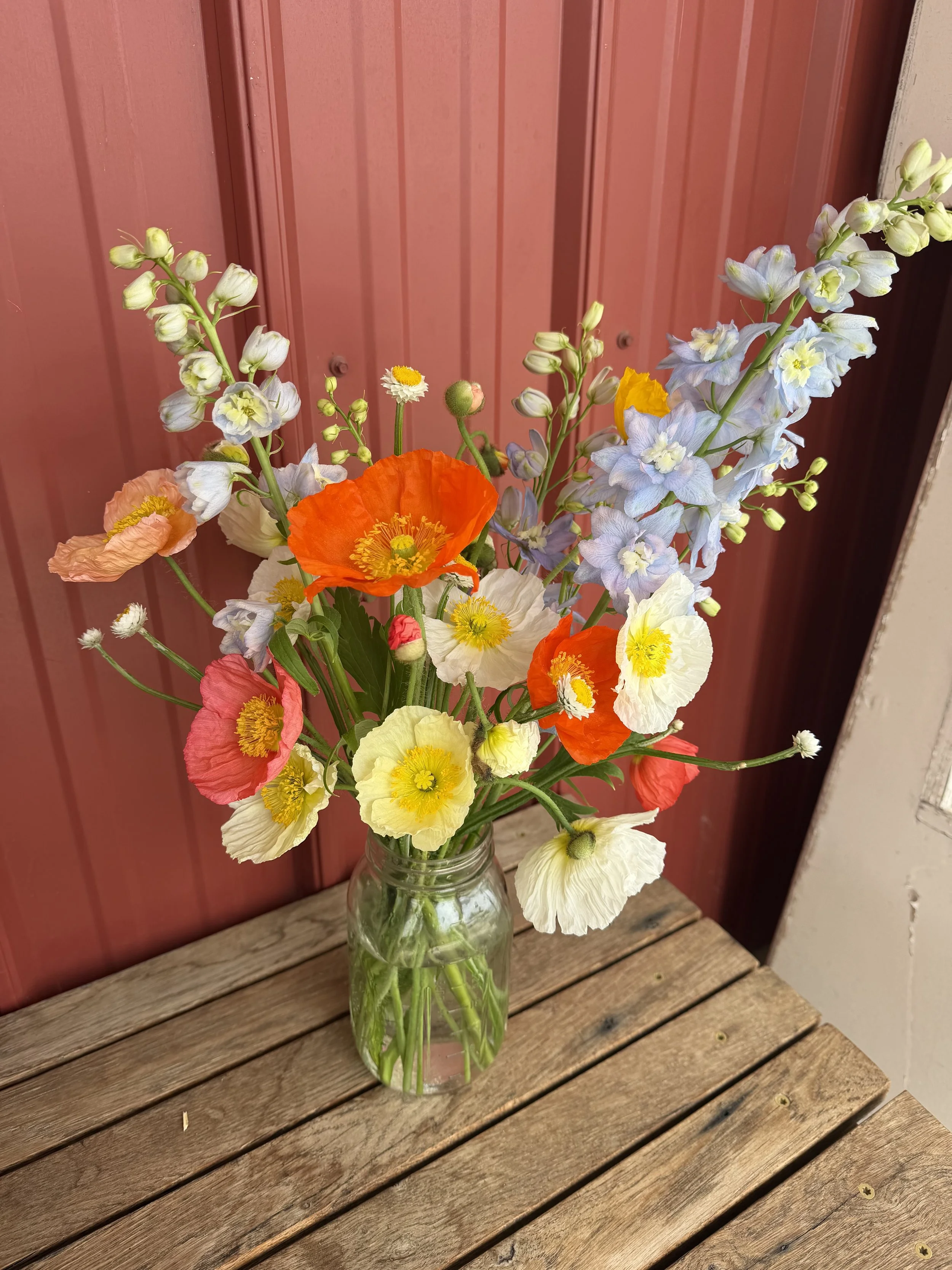 Colorful arrangement of various flowers in a wooden container on a wooden bench.