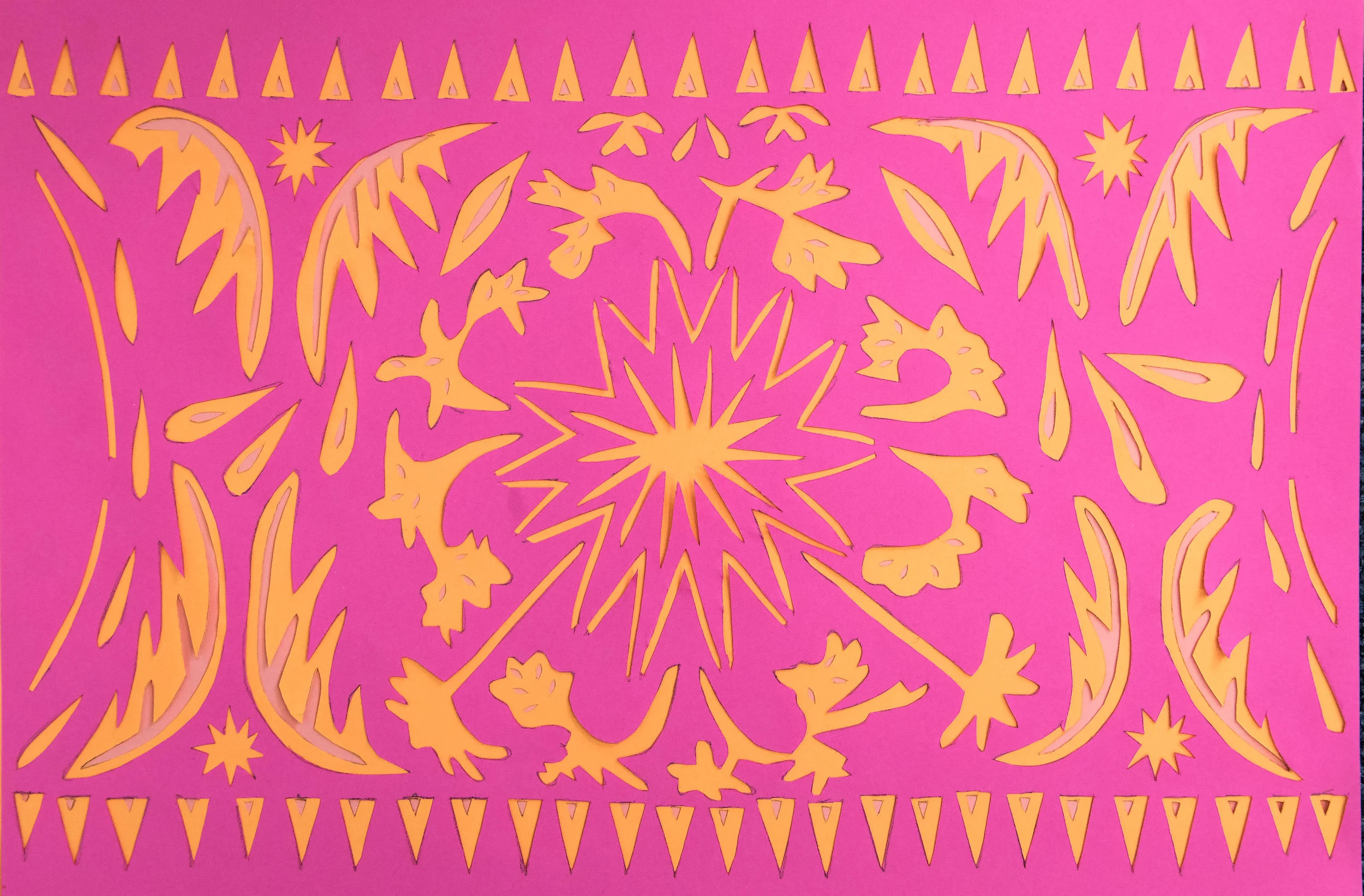 Seasonal Cycle, pink and orange papercut, 21.0 x 29.7cm