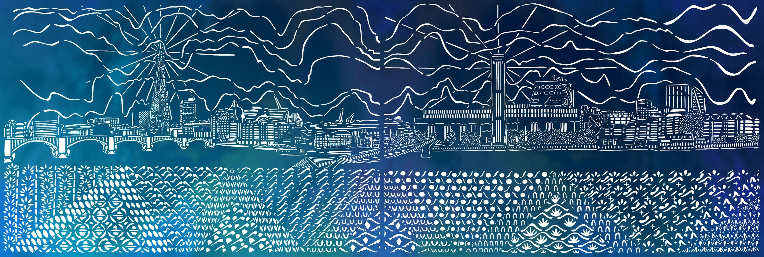 The View of the Thames, blue and white papercut, 59.4 x 168.2cm