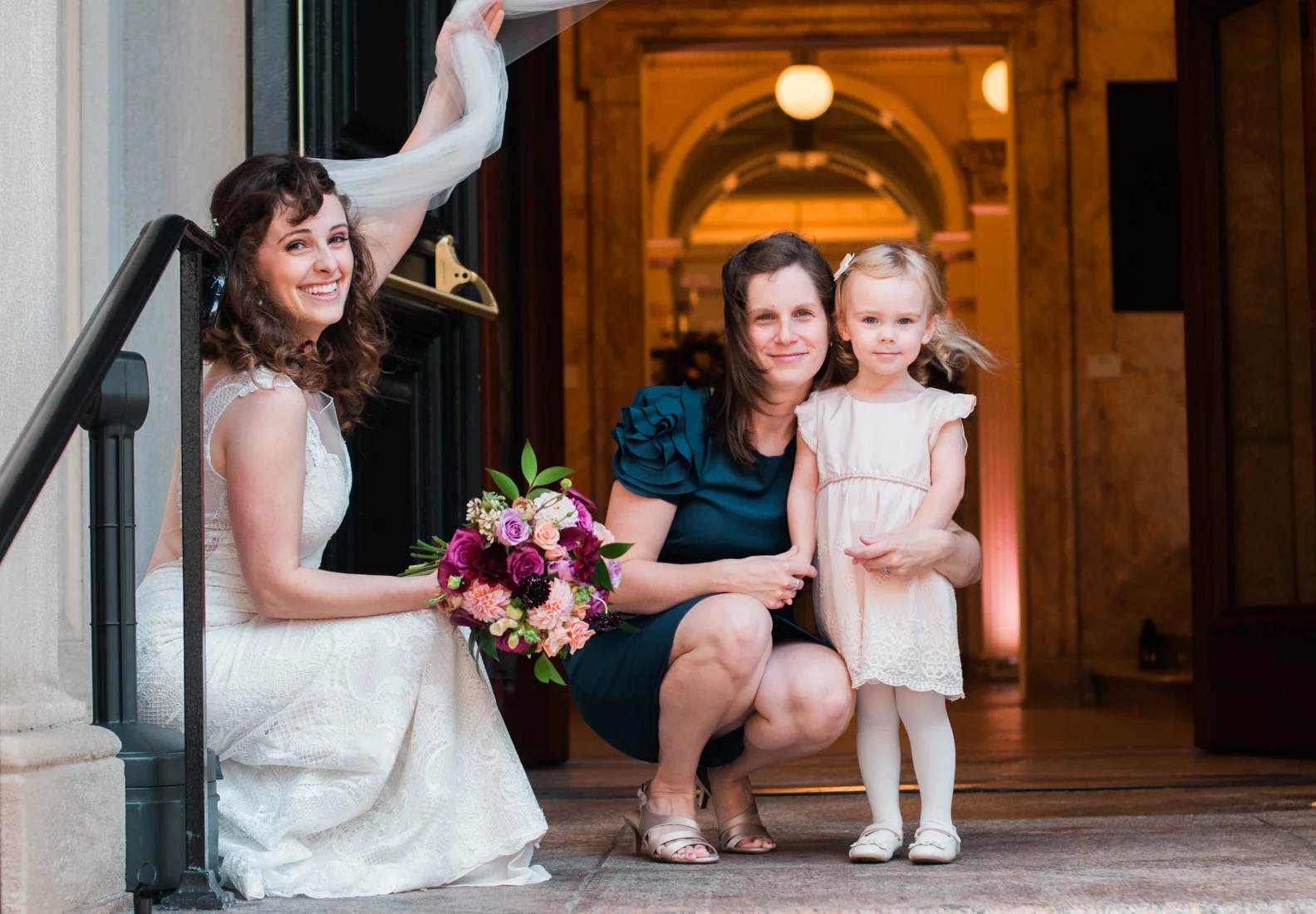 Ephemera Designs Rhode Island Providence Public Library Alternative Wedding Photography Bride with Guest & Child