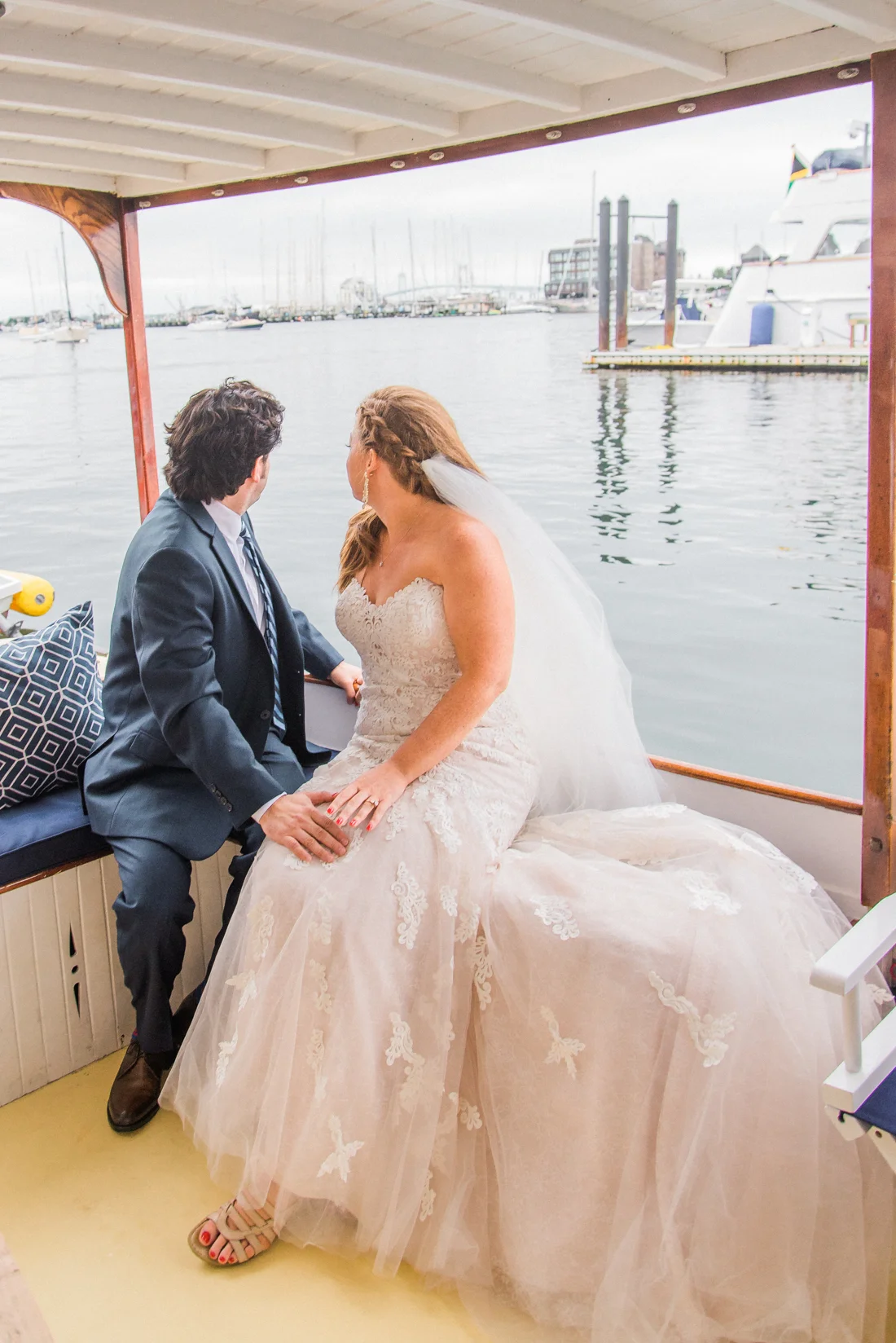 Ephemera Designs Newport, Rhode Island Regatta Place Authentic Wedding Photographer Bride & Groom on Boat