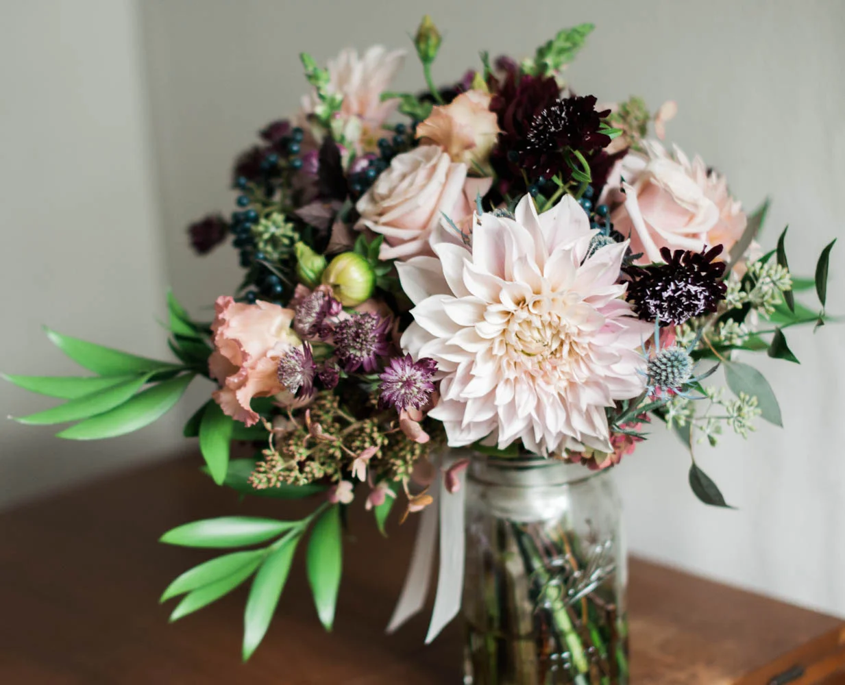 Ephemera Designs Close-up of Neutral-colored Bouquet in Mason Jar