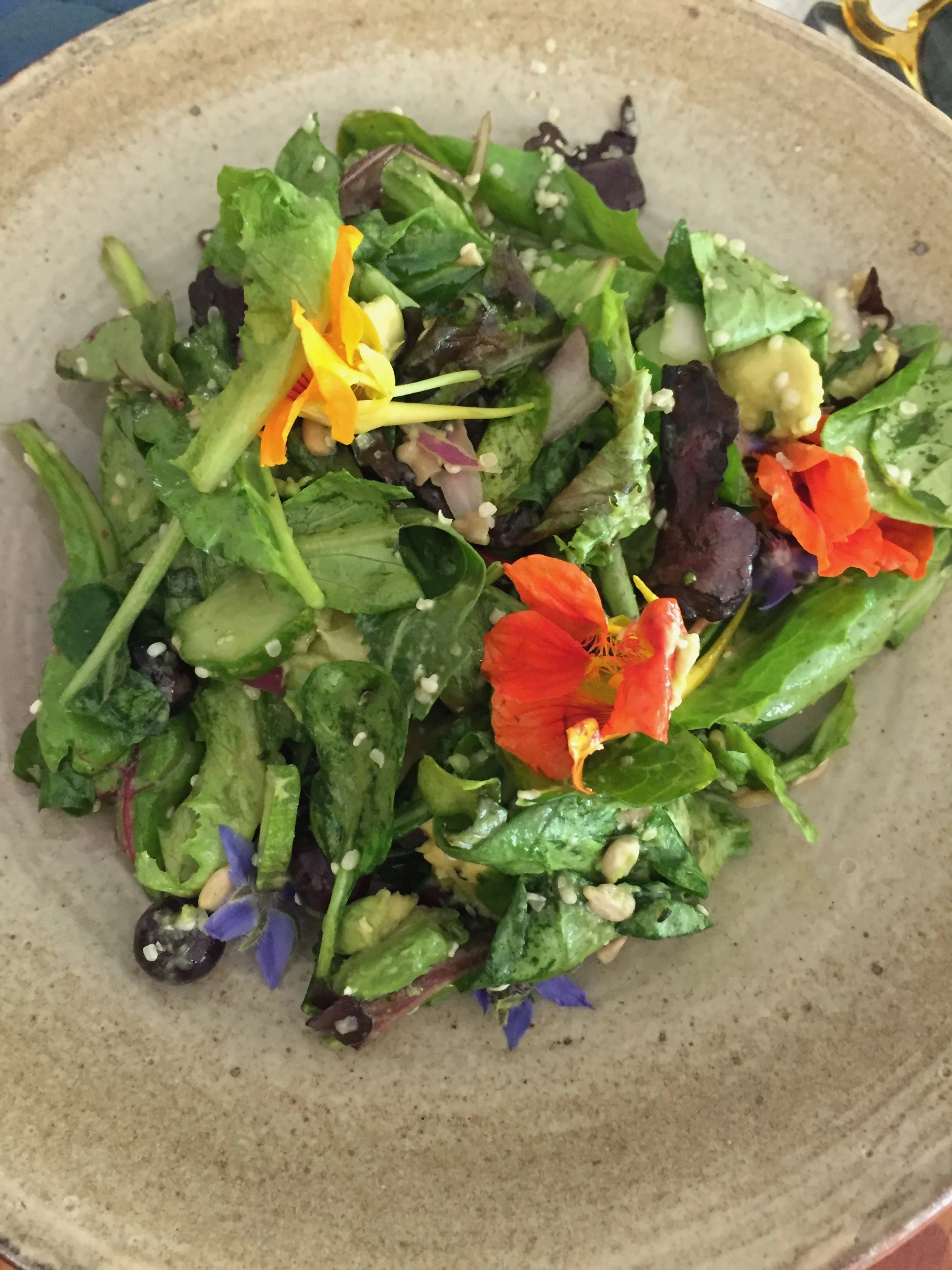 Salad forged out of the local gardens with several seasonal flowers