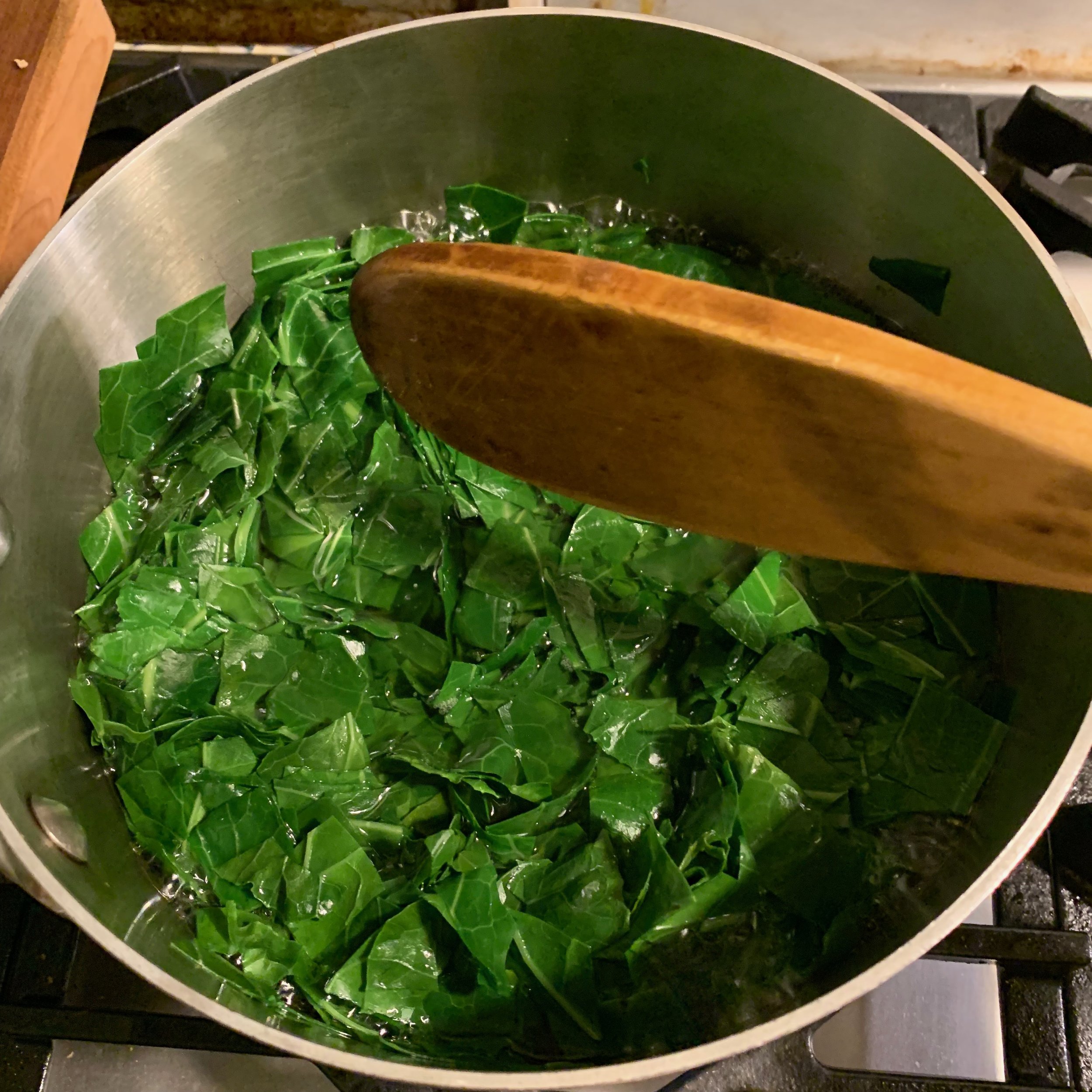 place collards in boiling water for 3-4 minutes