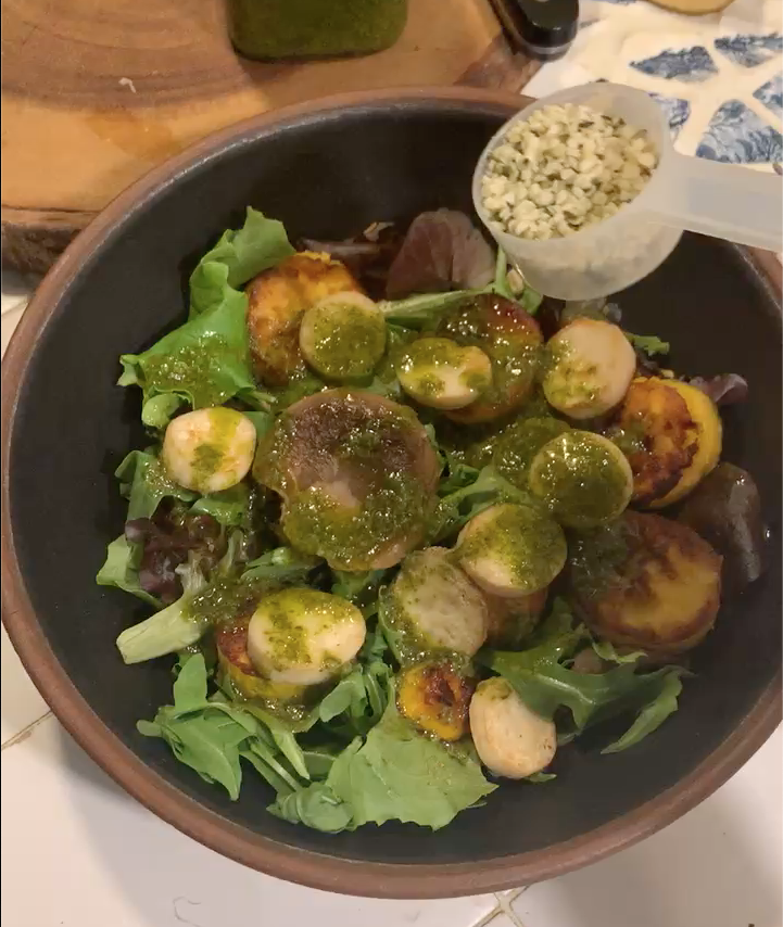 finishing with the sauce and hemp hearts to balance out the fats