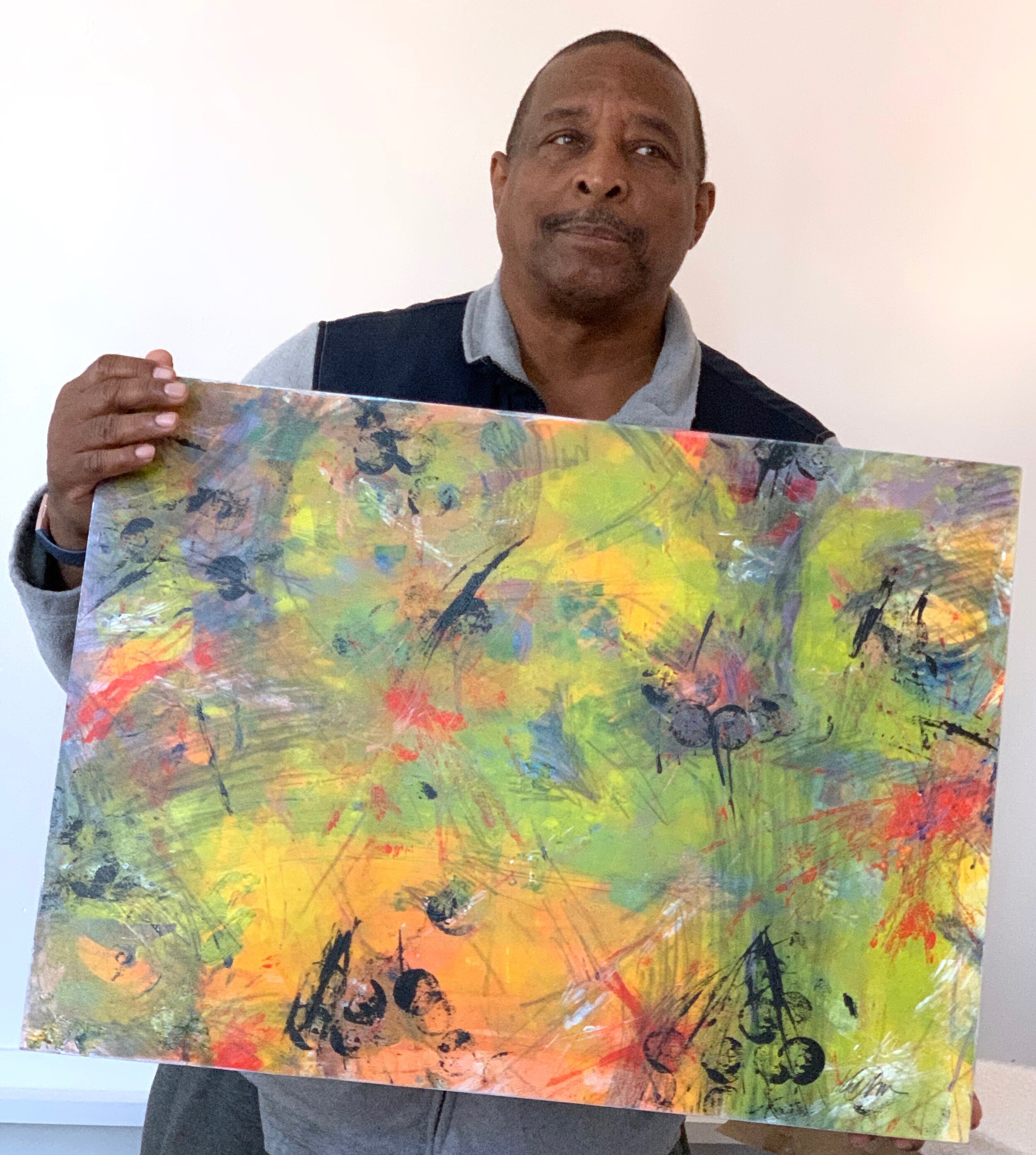 Walter, one of my patrons and “foodie” friends with his newly acquired abstract