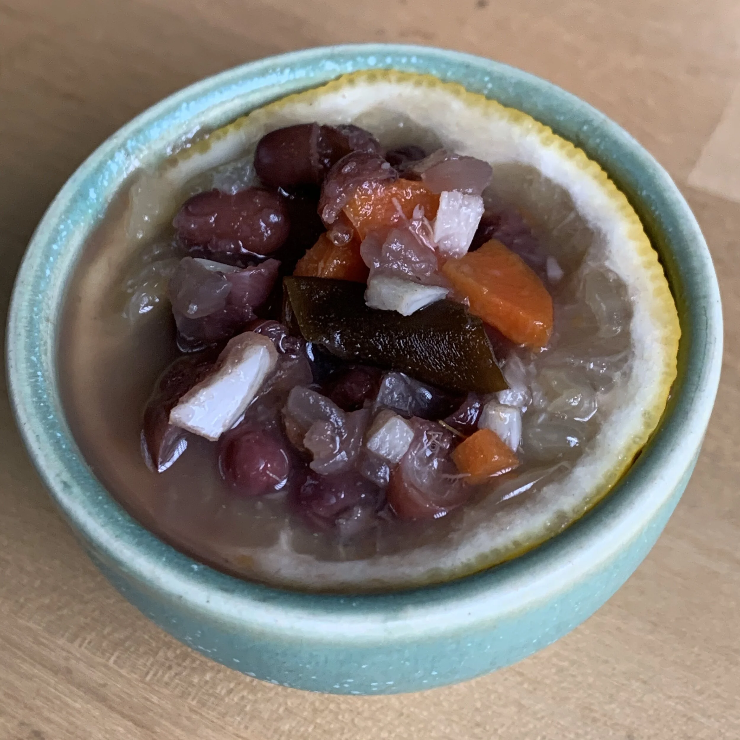For fun, I served small bowls of soup in a lemon rind