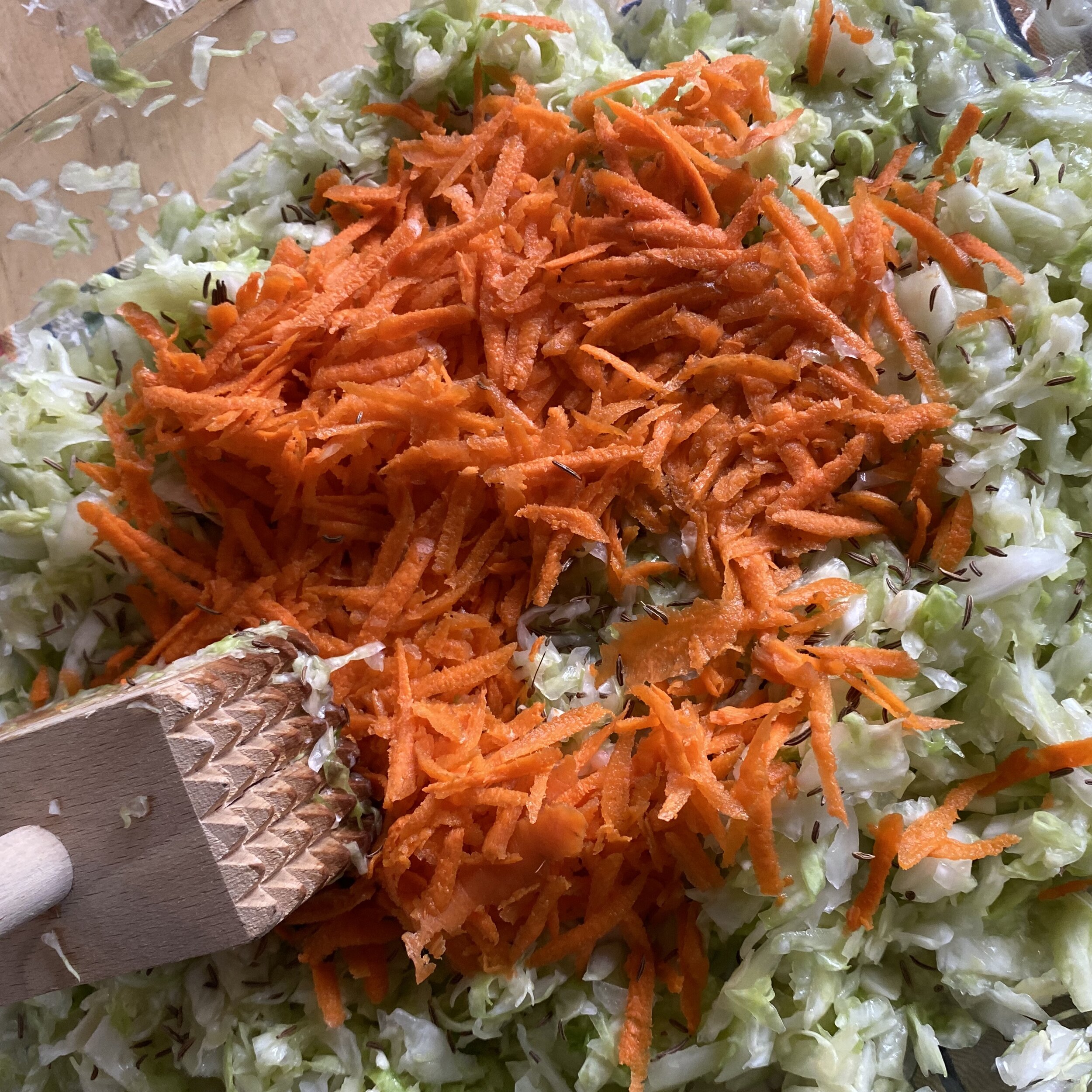 This recipe we added carrots, they do not need to be pounded as much as the cabbage does