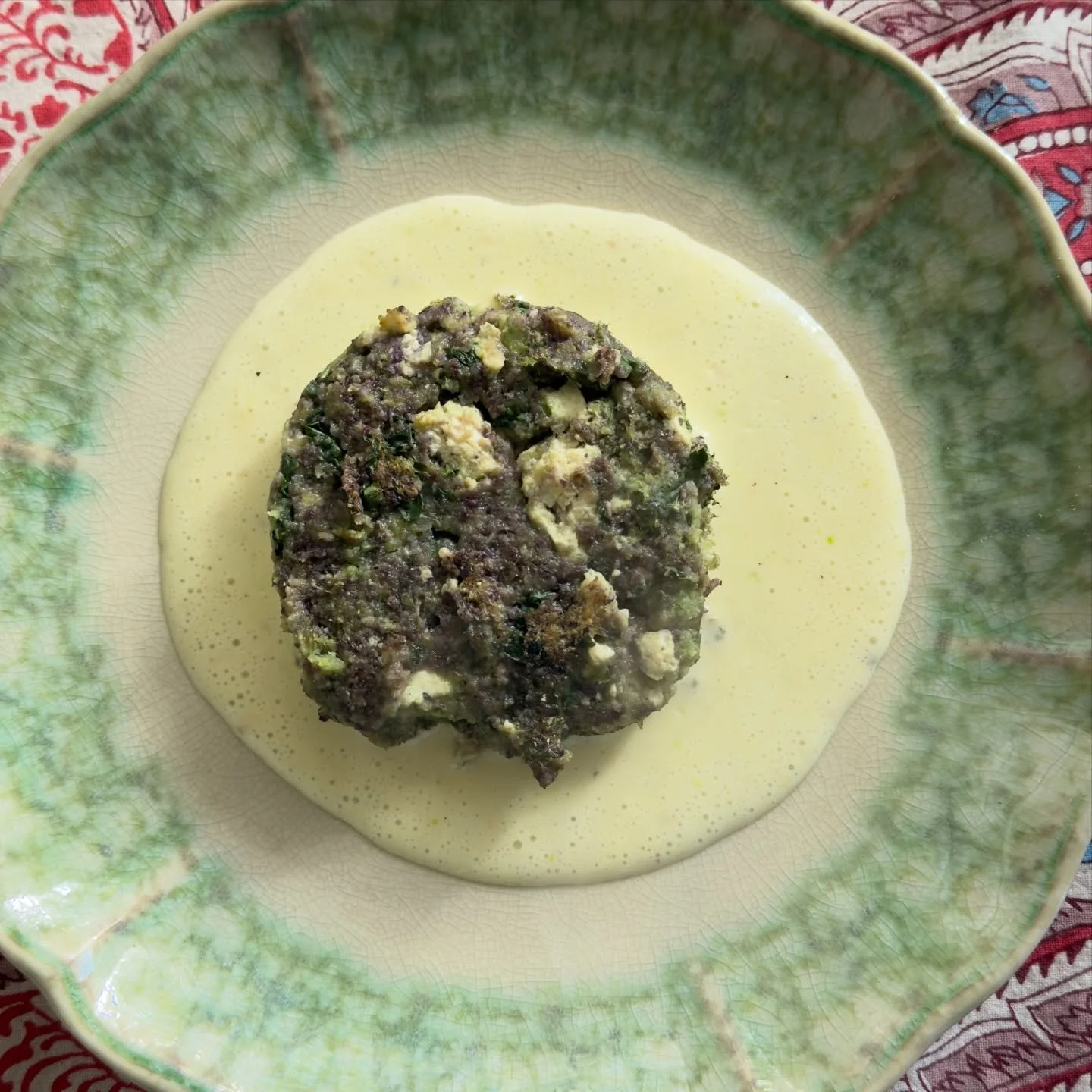 Morning juicing pulp patty with tofu in a puddle of a the ginger shallot dressing recipe from my book garlic Lover Dressings ~ making breakfast too fun! 🧄😻😹