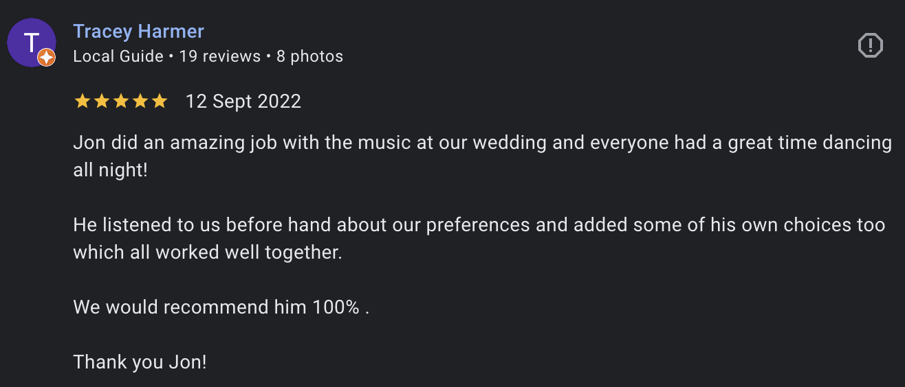 Tracey and Hans wedding review for RedLine DJs at Buxted Park Hotel