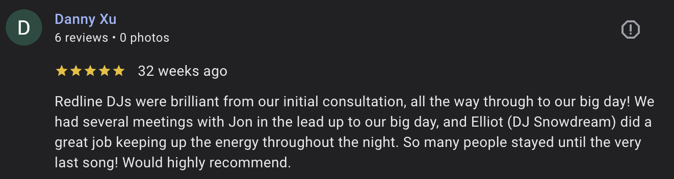 Bekki and Danny wedding review image at the Dickens Inn, RedLine DJs