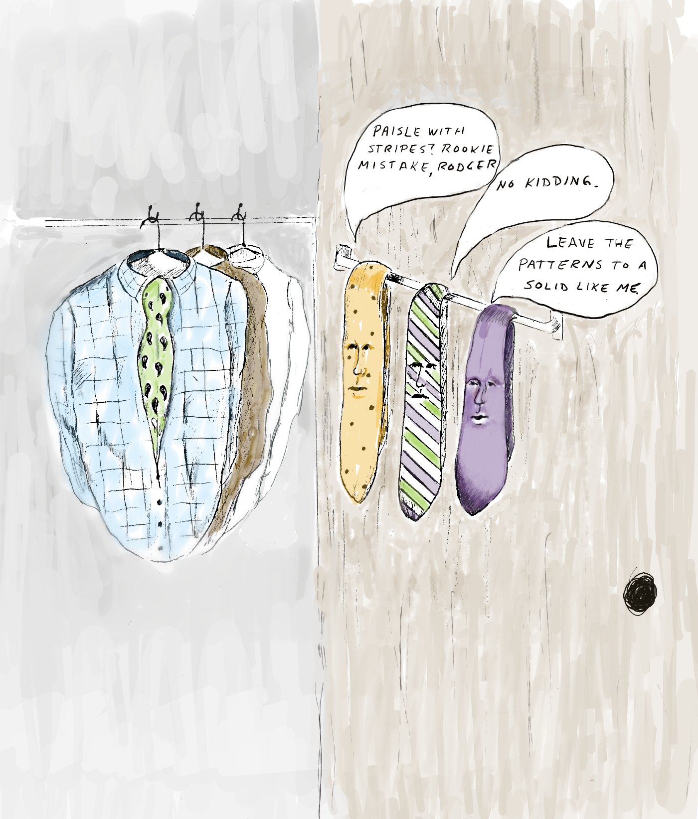 Determined to earn the title of Fashion Master, Rodger begins training as a tie under the tutelage of the more senior neckwear.. See more illustrations.