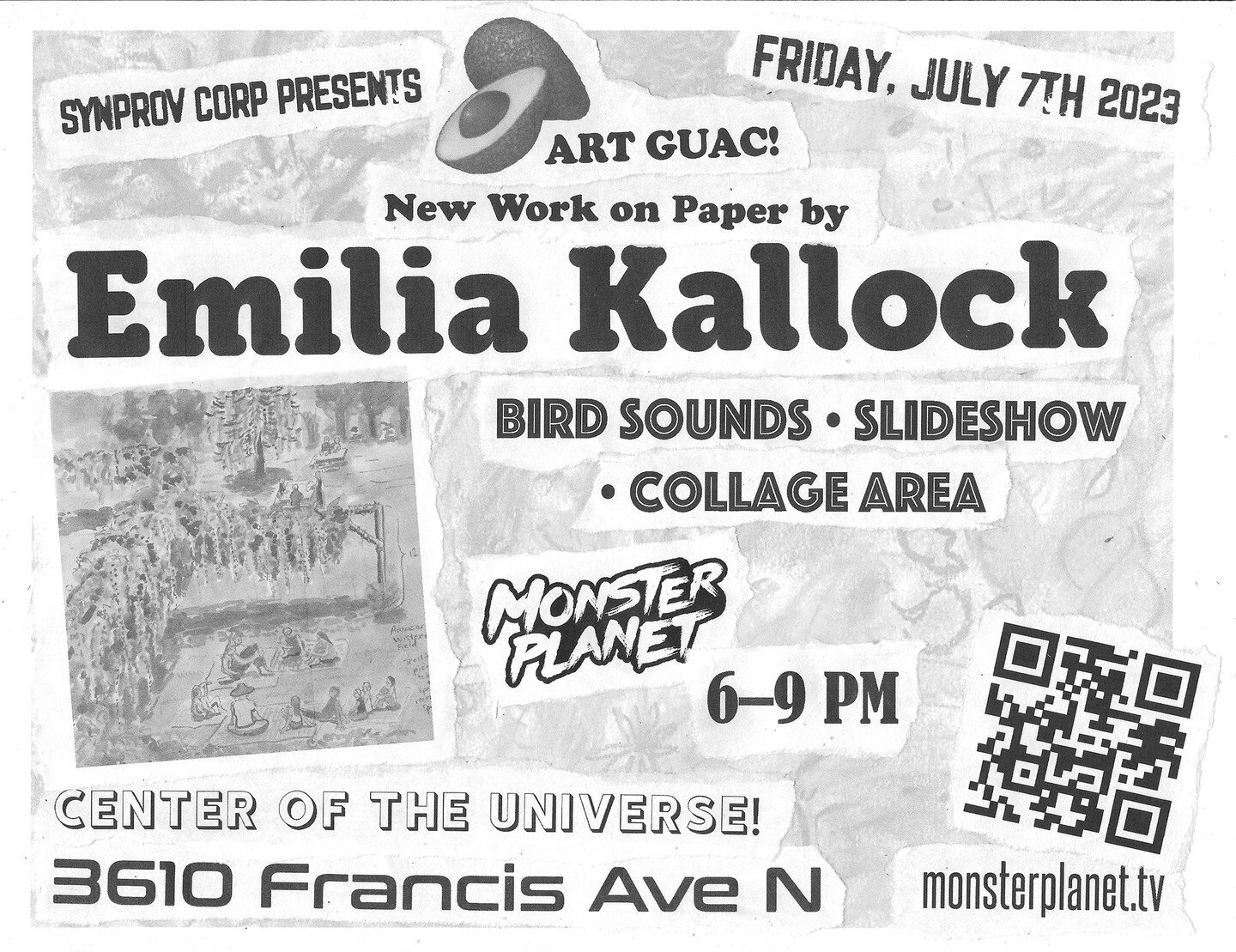 ART GUAC! incoming. Join us in Seattle's Fremont neighborhood for another celebration of art and our creative community. This month, we're featuring Emilia Kallock and their new works on paper, bird sounds, and DIY collage station. #collage #emiliaka