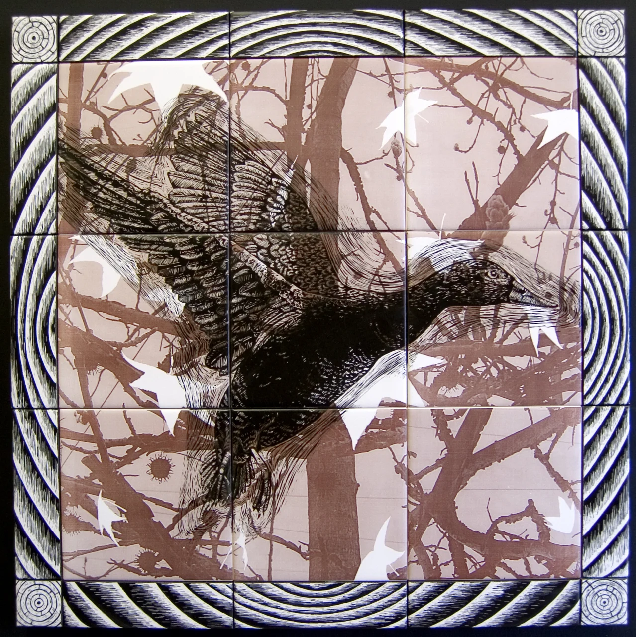 Fall, 28"x28"x1", Earthenware tiles, laser toner, glaze
