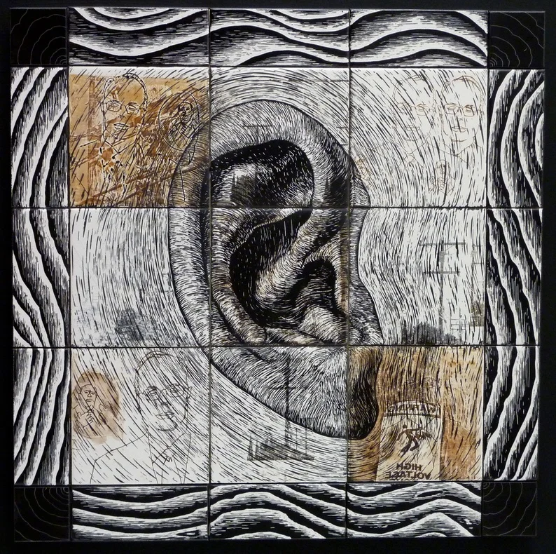 Listening, 23"x23"x1", earthenware, laser toner, glaze