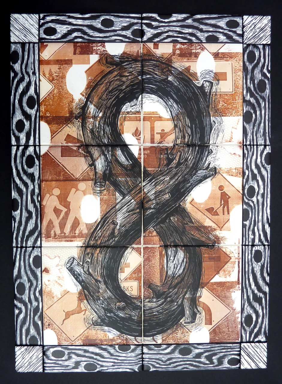 Infinite Signs, 29"x21"x1" Earthenware tiles, laser toner, glaze