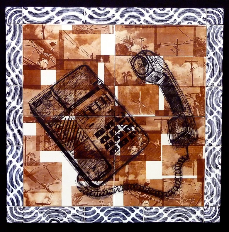 Phone Home, 29"x29"x1", Earthenware tiles, laser toner, glaze