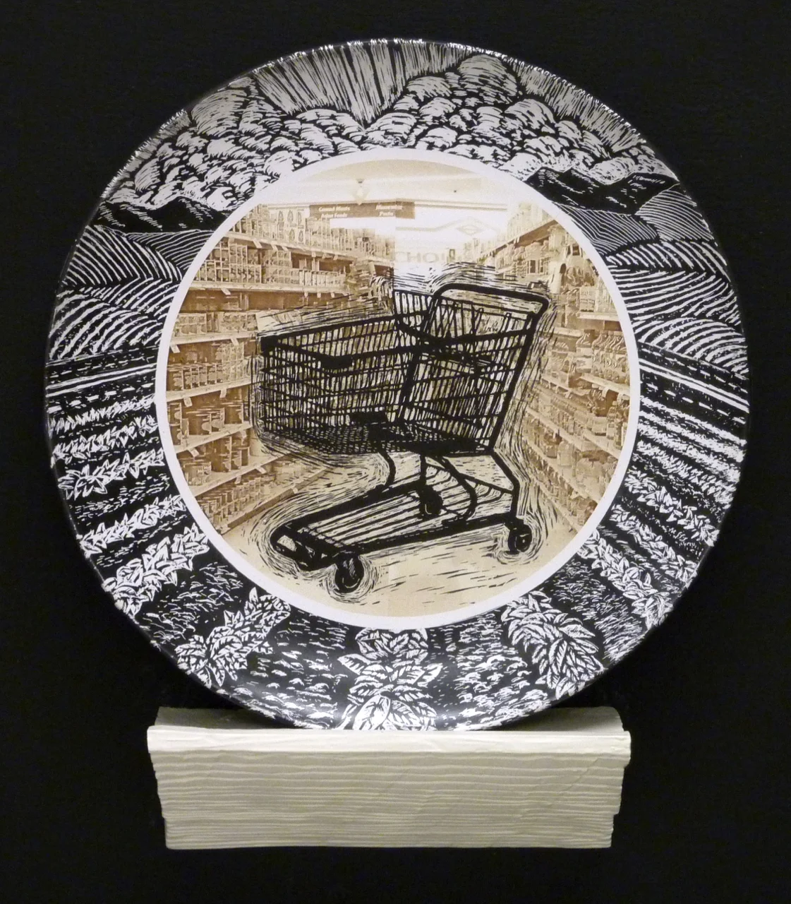 Vanishing Point, 13"x11"x3", porcelain plate, earthenware stand, laser toner, glaze