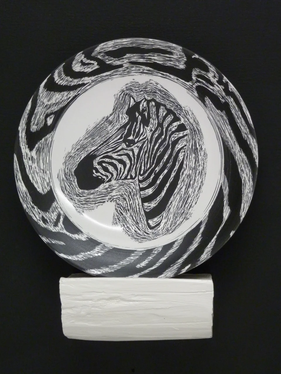 Zebra Patterns, 13"x11"x3", porcelain plate, earthenware stand, glaze