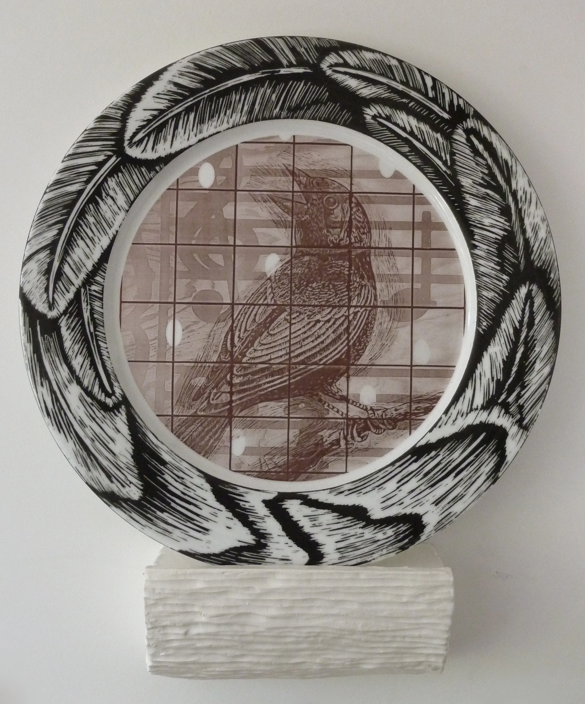 Songs and Feathers, 13"x11"x3", porcelain plate, earthenware stand, laser toner, glaze