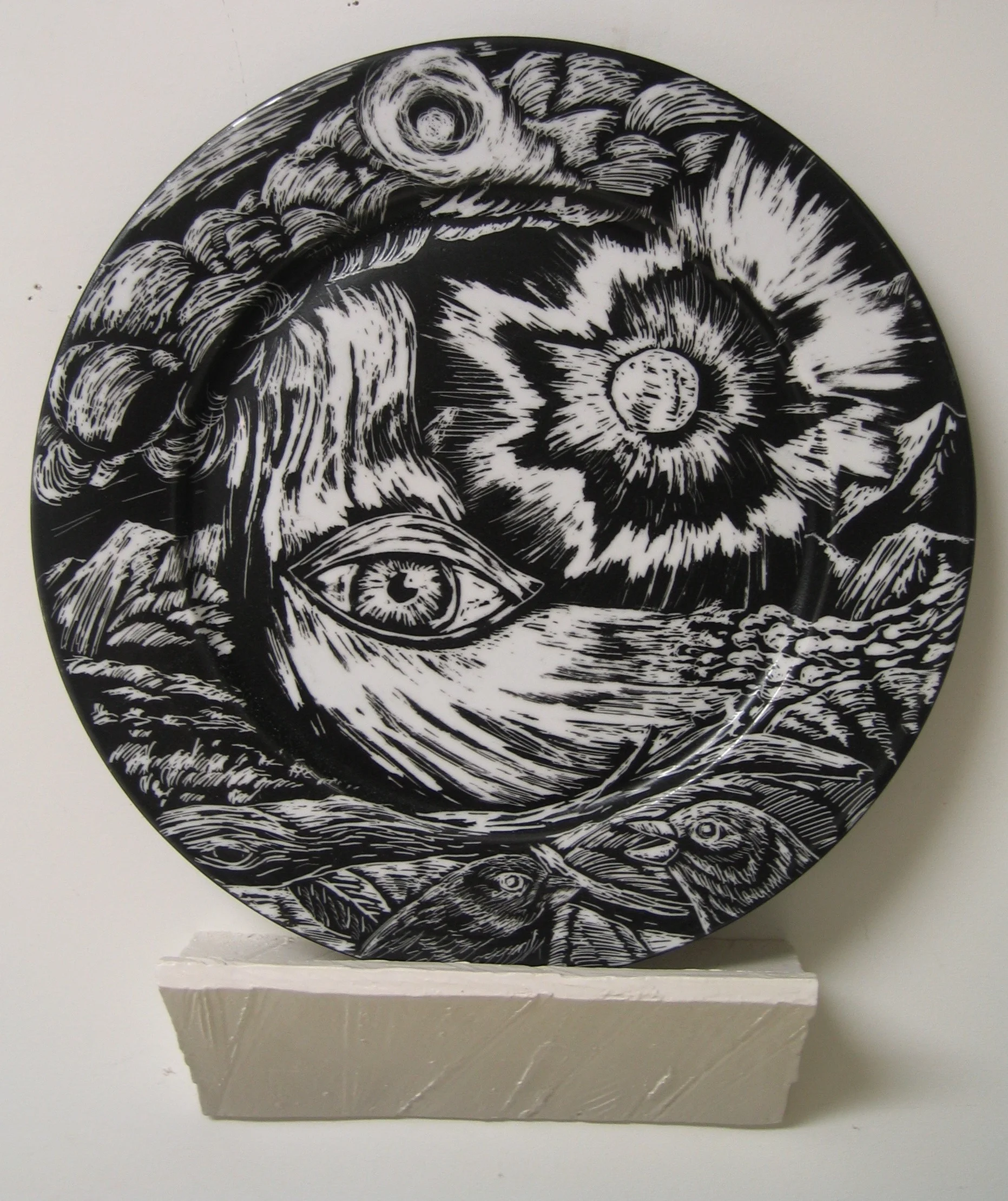 Eyes, 13"x11"x3", porcelain plate, earthenware stand, glaze
