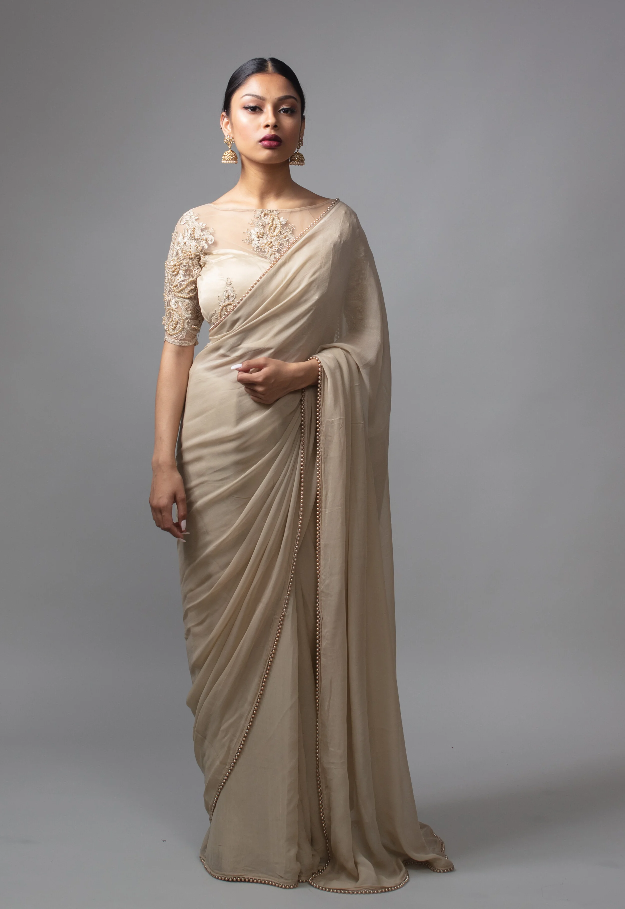 Olive Green Pearl Work Saree — Loukiya